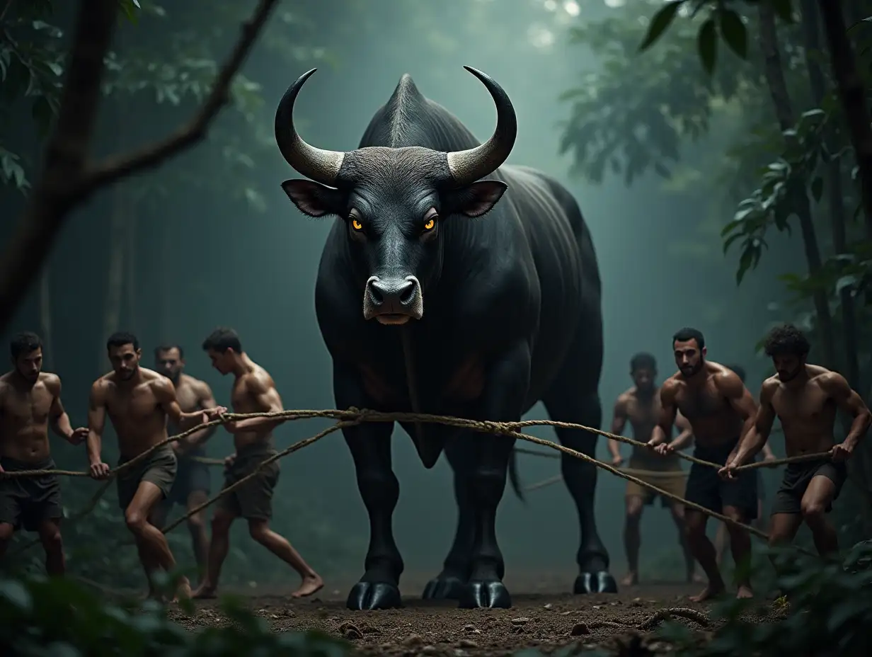 A highly detailed and dramatic scene in a dark jungle featuring a massive, muscular wild bull with a fierce and terrifying appearance. The bull stands with sharp, piercing eyes and an angry expression. Ten humans surround the bull, using ropes to hold it down. Two ropes are tied to its front legs, four people are pulling ropes around its neck, and the rest are managing ropes on other parts of its body. The jungle is dense with shadowy foliage, creating a mysterious and ominous atmosphere. Every element, from the bull's anatomy to the humans and the jungle, is intricately detailed, showcasing the tension and realism of the moment.