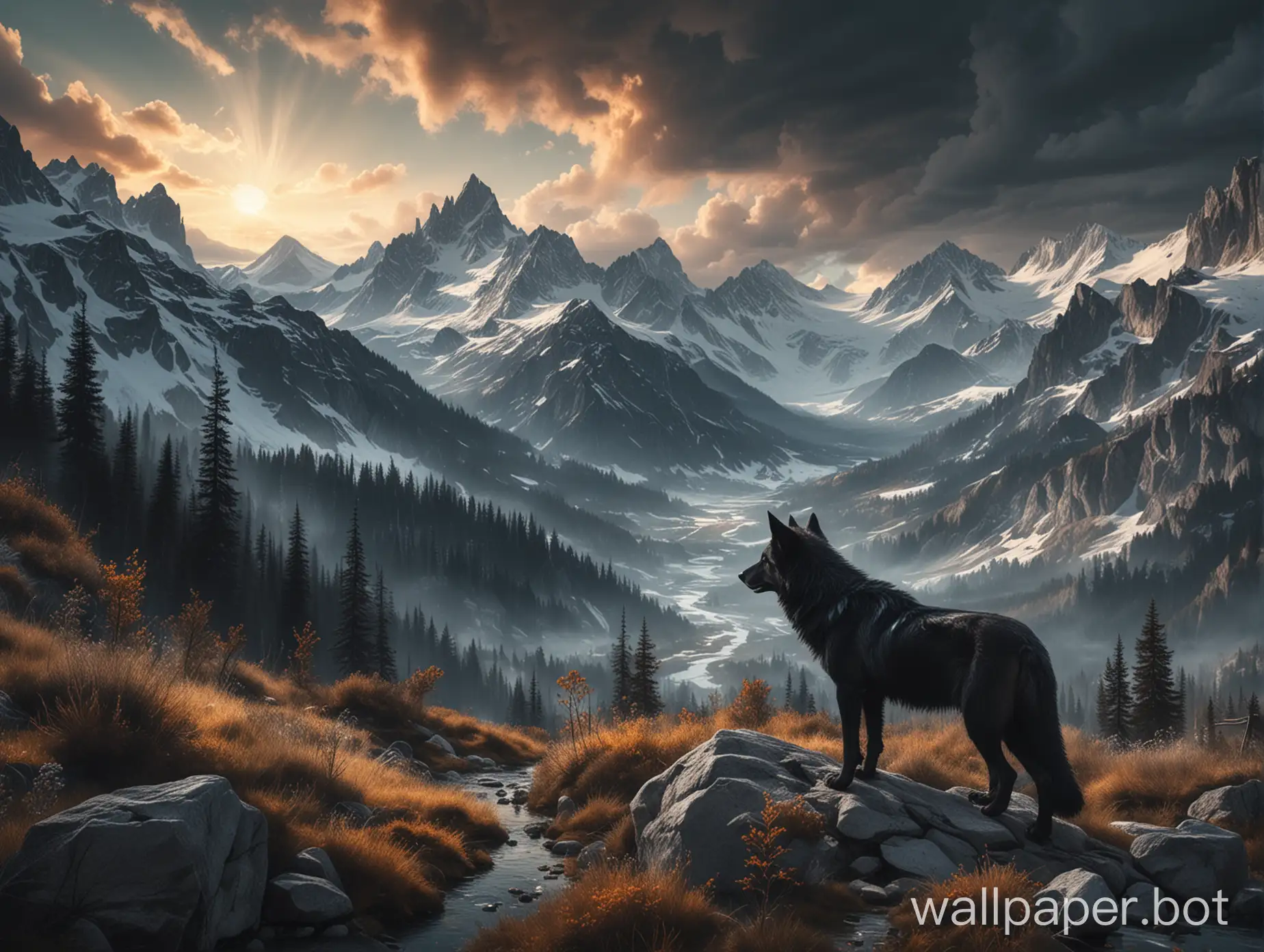 A fantastical Alpine landscape with a black wolf looking at the scenery