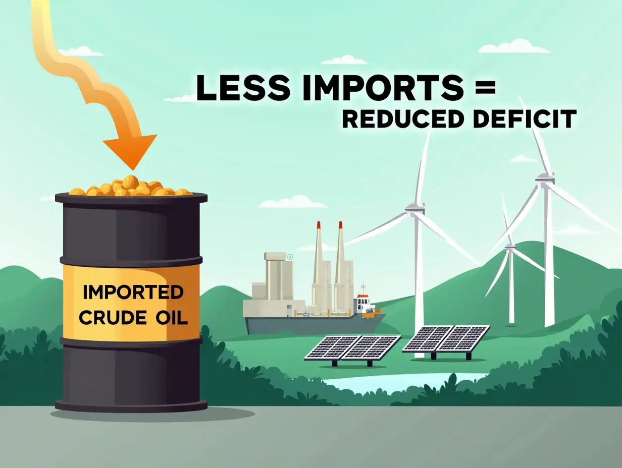 Create an informative and visually engaging illustration showing a large oil barrel labeled 'Imported Crude Oil' with an arrow pointing downward, symbolizing reduced imports. In the background, depict an industrial scene transitioning to renewable energy sources, with solar panels and wind turbines taking center stage. Include a math equation overlay: 'Less Imports = Reduced Deficit' in bold, clean typography. Use a color palette of deep oil black, renewable energy greens, and sky blues to symbolize the shift from dependency to sustainability. Add subtle Indian motifs in the background to tie the scene to India's trade challenges.