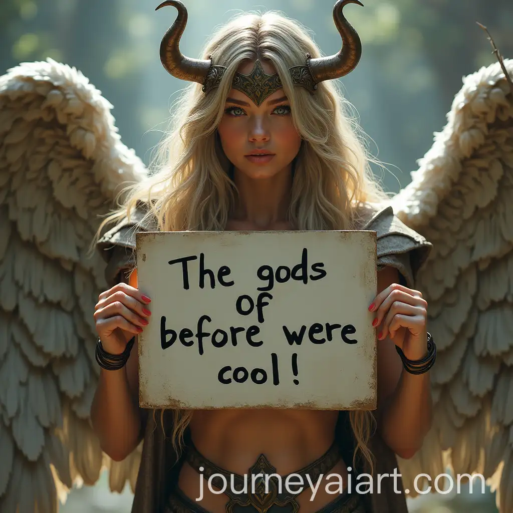 Hyperrealistic-Valkyrie-Woman-Holding-Ancient-Gods-Sign