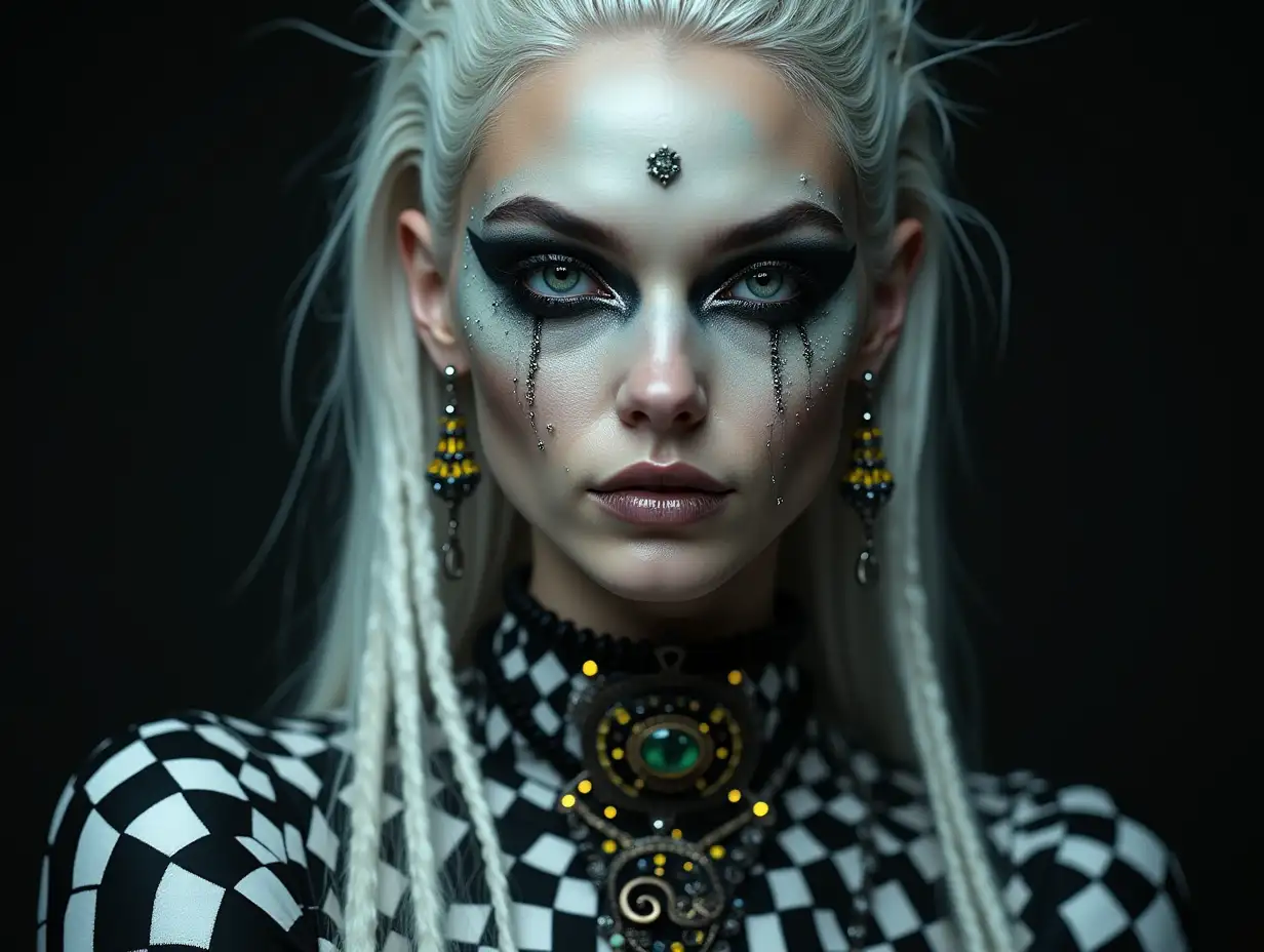 Depiction of a beautiful alien woman with makeup, glitter around the eyes with a smile tattoo on her face, long white and black chequered hair and laced boots, with intricately detailed, colorful and futuristic jewelry. Black background blurred 120-mm shot