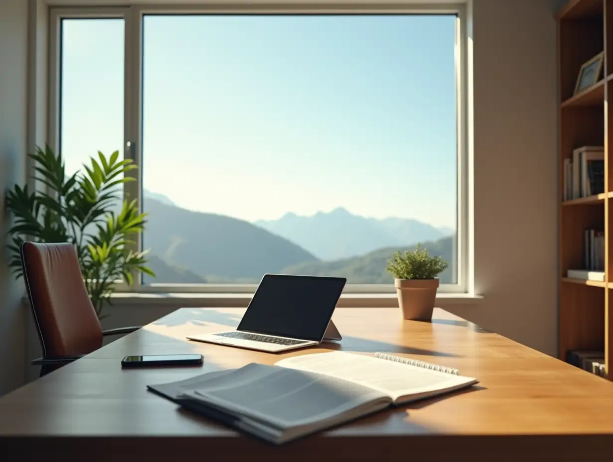 A modern office illuminated by soft, natural sunlight streaming through a large window. At the center, a spacious wooden desk holds an open laptop, a sleek smartphone, and neatly scattered papers. The window offers a tranquil view of distant mountains under a clear blue sky, adding to the serene and peaceful atmosphere. The office features minimalist decor with a comfortable leather chair, a potted green plant in the corner, and warm wooden tones throughout. The scene conveys productivity, calmness, and inspiration.