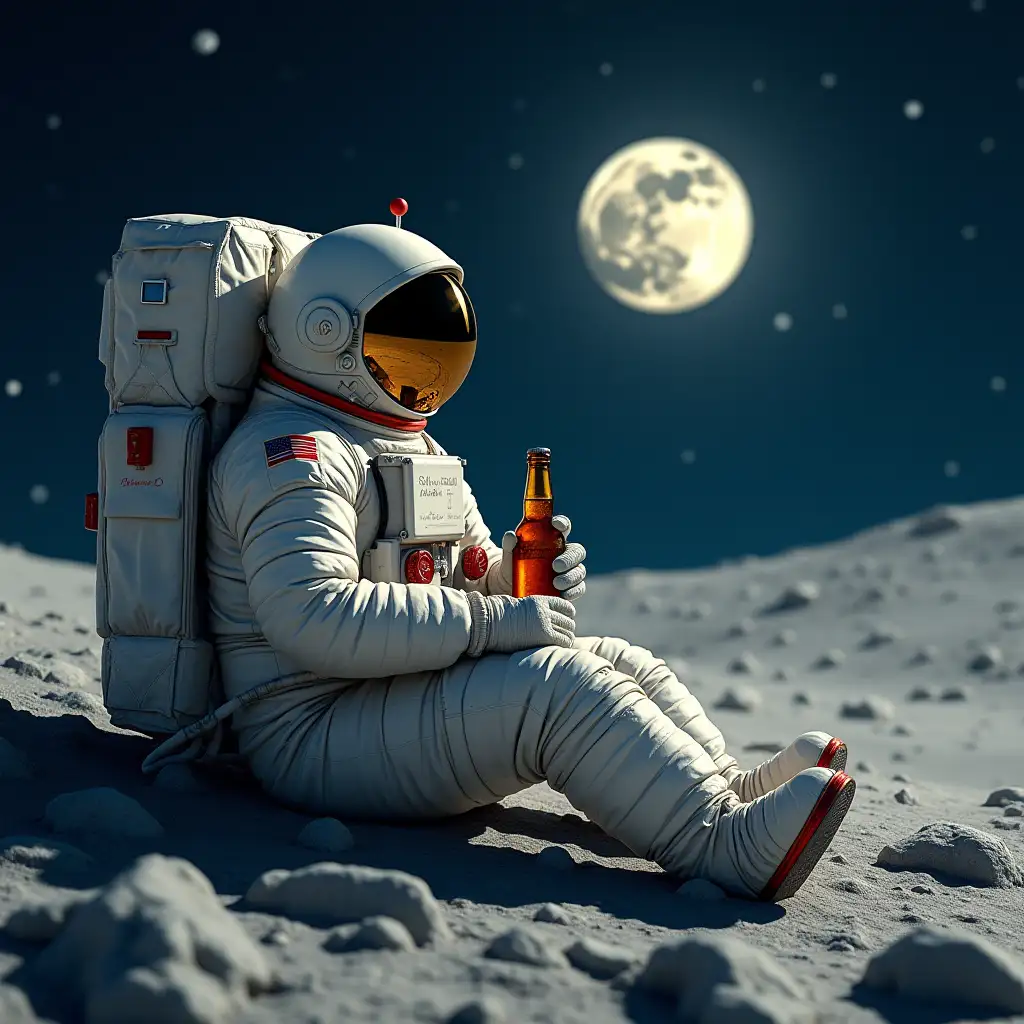 An astronaut chilling in moon with beer bottle and thinking idre avn namman nemdiyag irbeku...