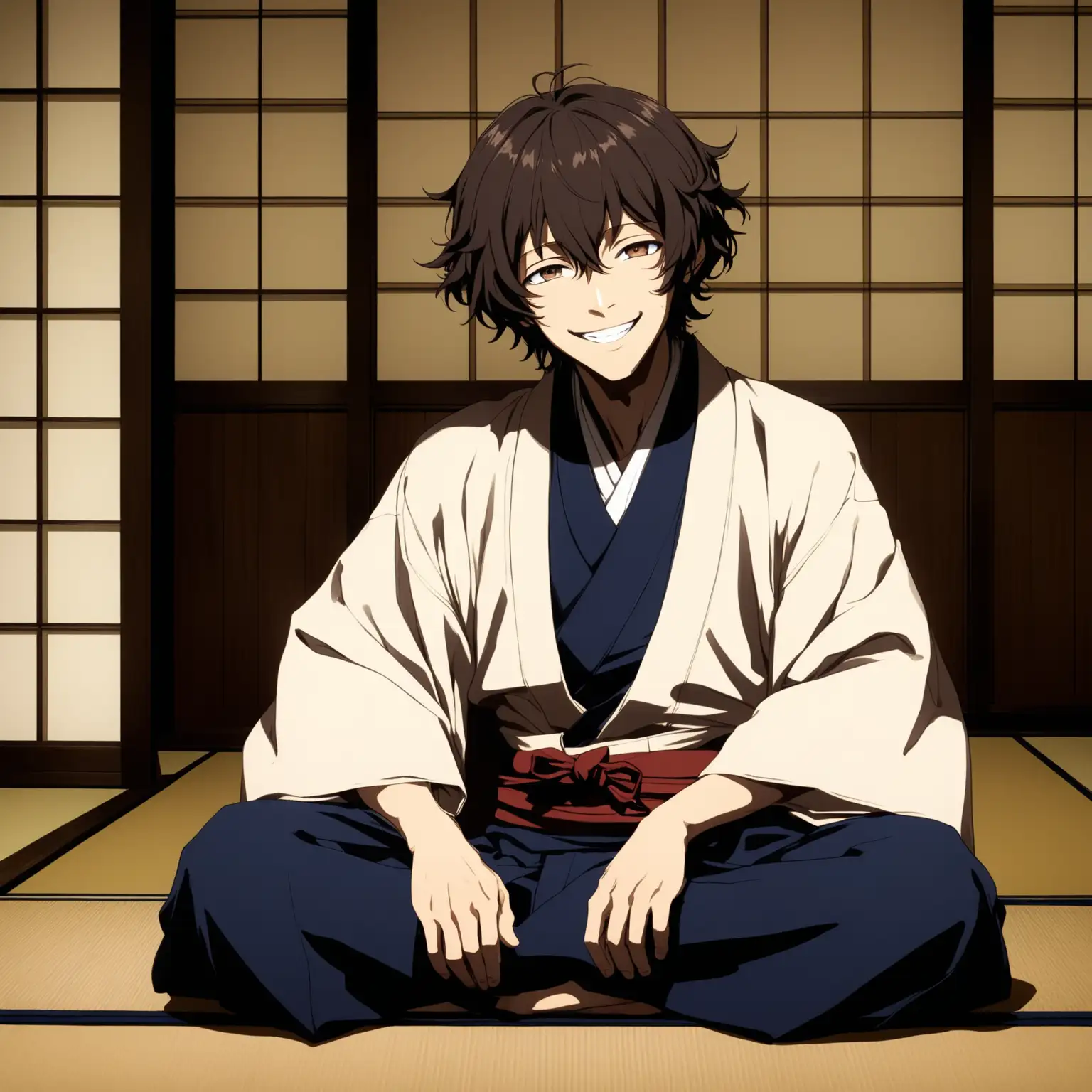 Dazai Osamu smiling, looking at camera, full body tall, sitting in a traditional Japanese house floor