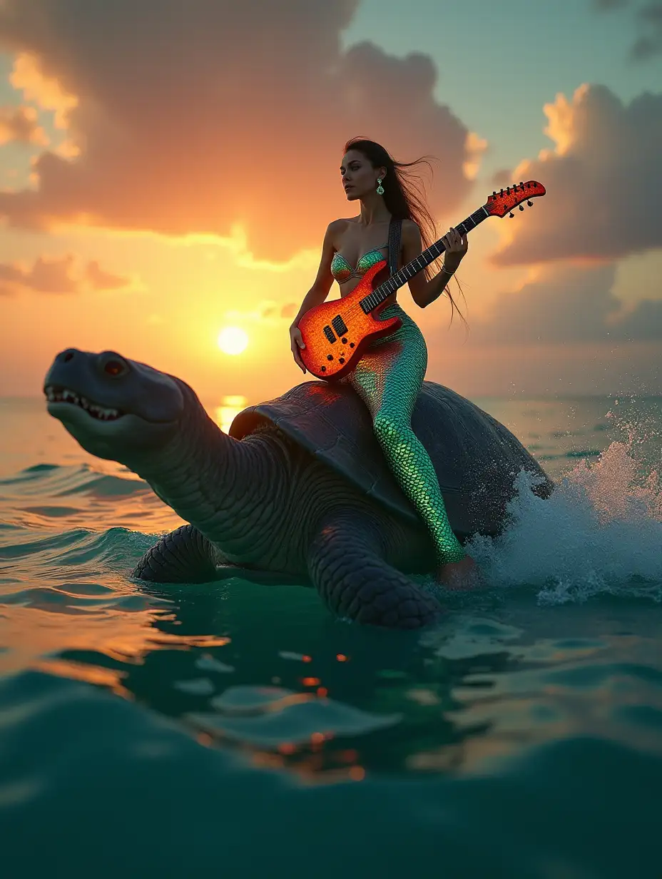 A mermaid riding a giant turtle across the ocean at sunset, holding a glowing guitar in her hands