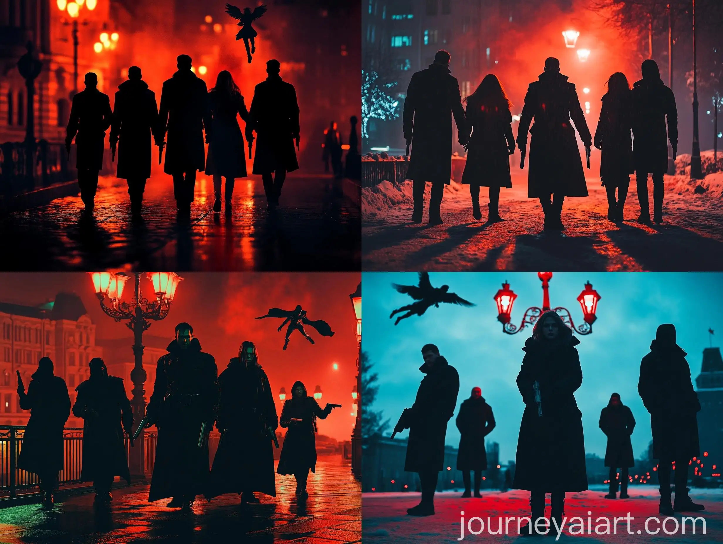 Group-of-Five-People-in-Shadowy-Urban-Scene-with-Weapons-and-Flying-Woman