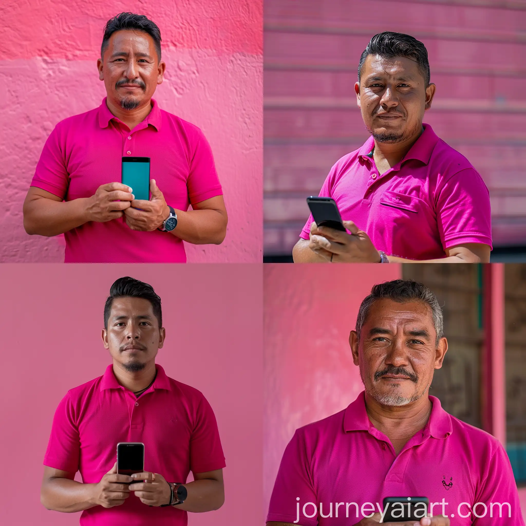 Mexican-Man-with-Magenta-Polo-Holding-Smartphone