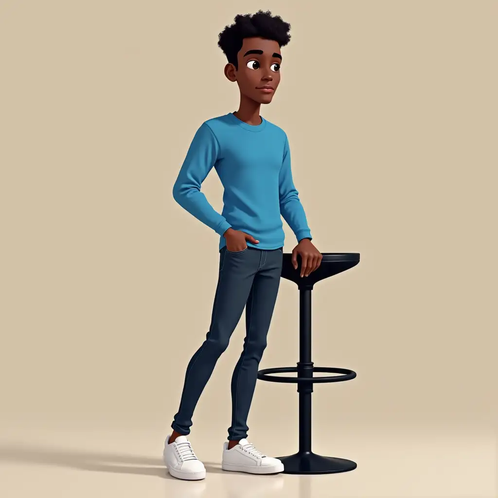 pixar style, a 26-year-old Nigerian male stands poised beside a tall, black bar stool, his body angled slightly as if caught in mid-conversation. He is dressed in a simple yet stylish ensemble that includes a blue long-sleeved shirt and a pair of well-fitted dark jeans. His white sneakers add a casual touch to his overall appearance.