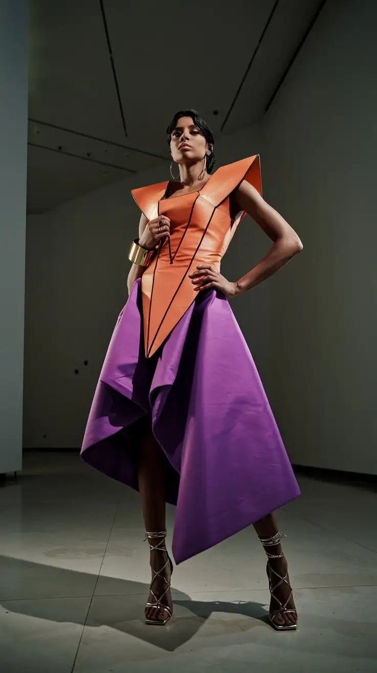 Full body shot of a woman standing confidently in an art gallery, wearing a color-blocked Chromakopia dress, tangerine orange bodice, ultraviolet purple skirt, sharp geometric lines, asymmetrical hemline, chunky gold cuff bracelet, strappy metallic heels, minimalist background, museum setting, high fashion, dramatic pose, strong directional light, --ar 2:3 --zoom 1.5 --v 5 --style raw --stylize 750