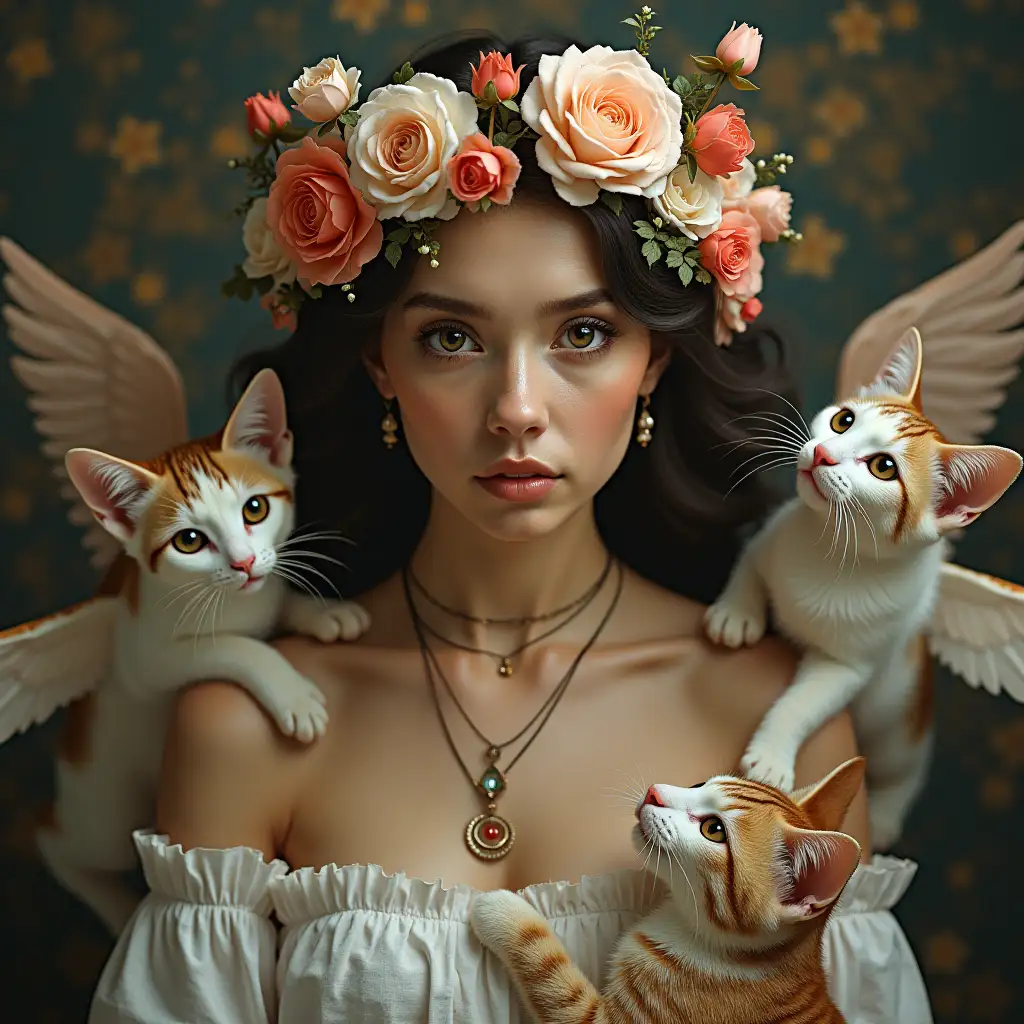 Woman, surrounded, by winged cats, with a flower crown