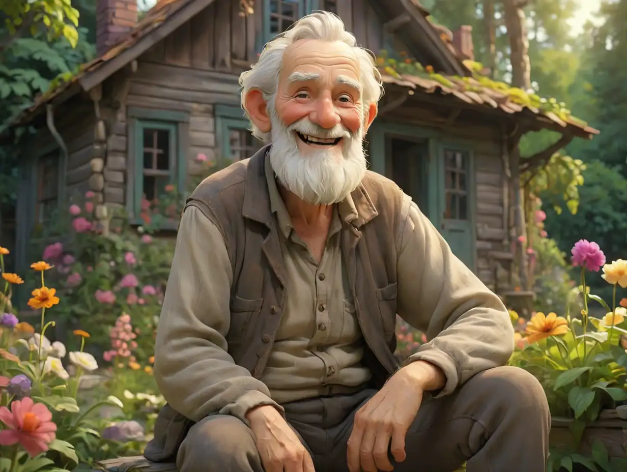 an elderly man with a thick white beard, wearing worn-out clothes, smiling widely. He is sitting in front of an old house surrounded by a beautiful flower garden, deep in the forest, 3d disney inspire