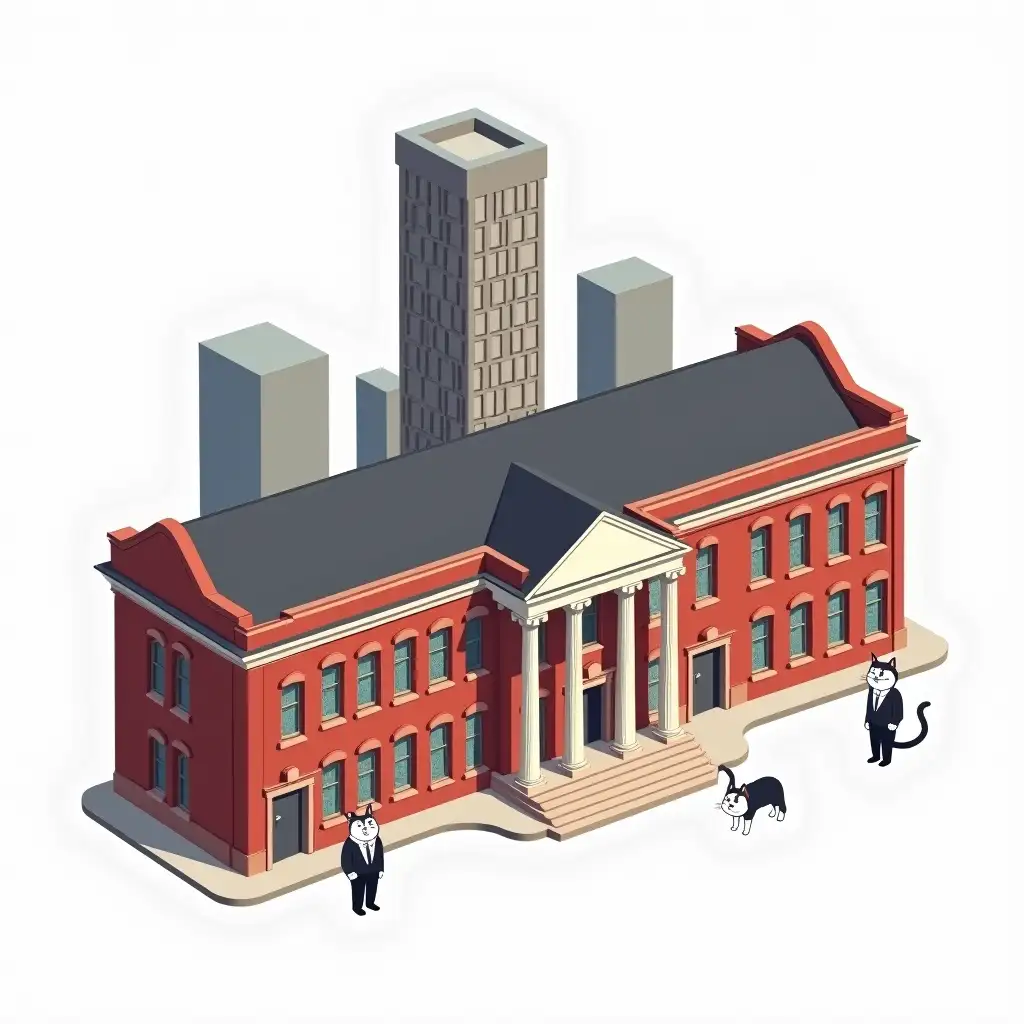 vinyl cut sticker depicting a isometric a very long old red brick three-story building with columns at the central entrance and a tower in the center of the gable roof. The first floor is completely red-brown in color, the second floor has alternating white columns between the windows. At the back of the long building is an office skyscraper in the color of gray concrete with a matrix of squares of windows. Small white meme cats in business suits are painted in front of the building. cut sticker design, high resolution, white background, paint in anime style/