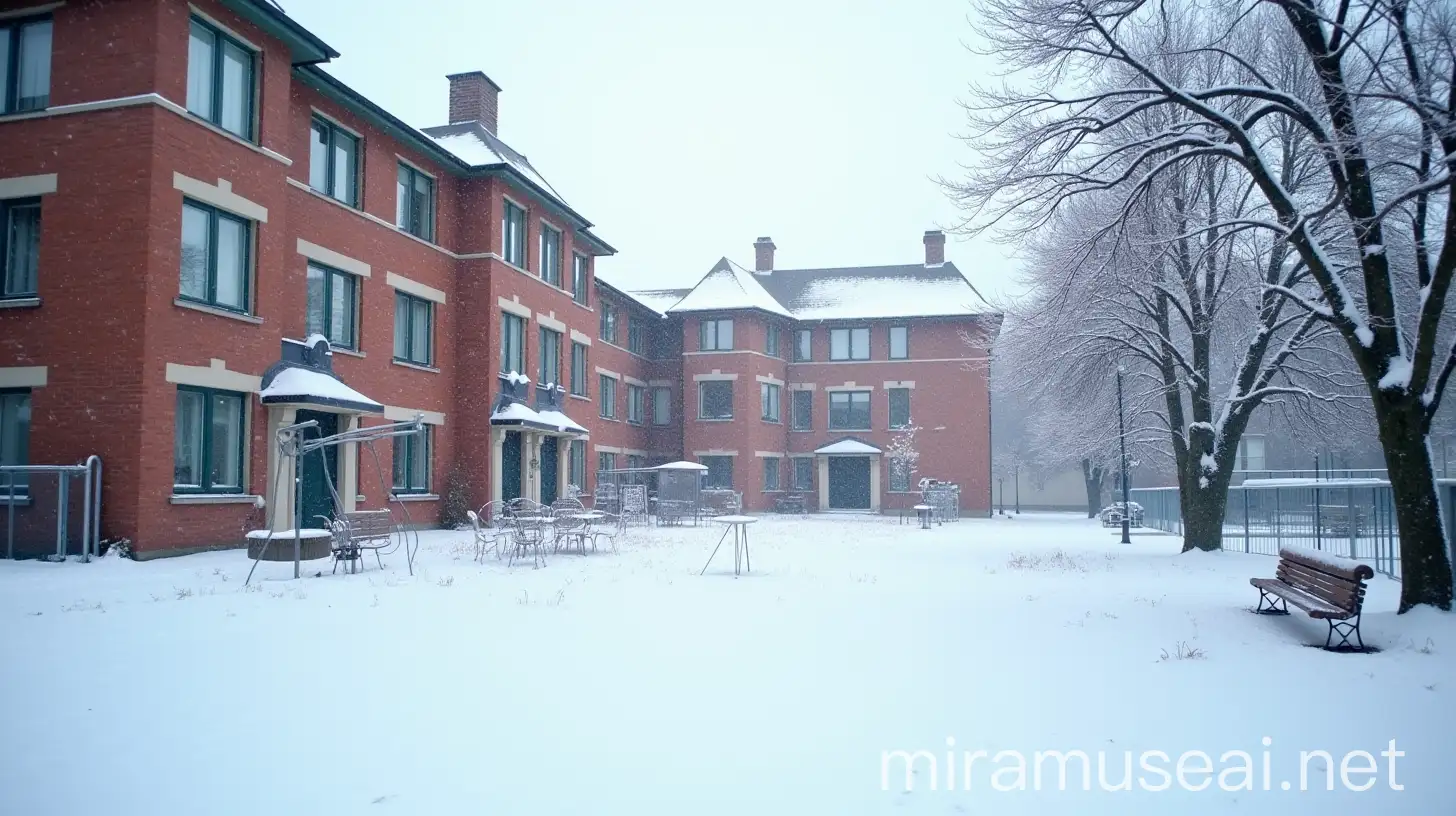 Snowcovered Schoolyard with Children Playing and Snowmen