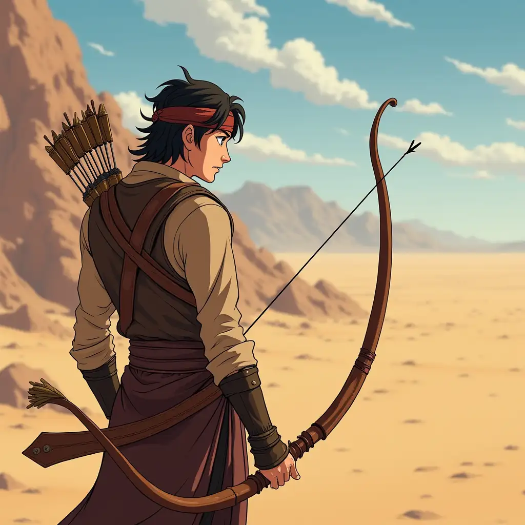 Create a scene in anime format by Arash Kamangir.  With leather clothes and a leather headband. Be on the right side of the stage. Between the desert. The angle of vision and his bow should be in the same direction, to the distant horizon.