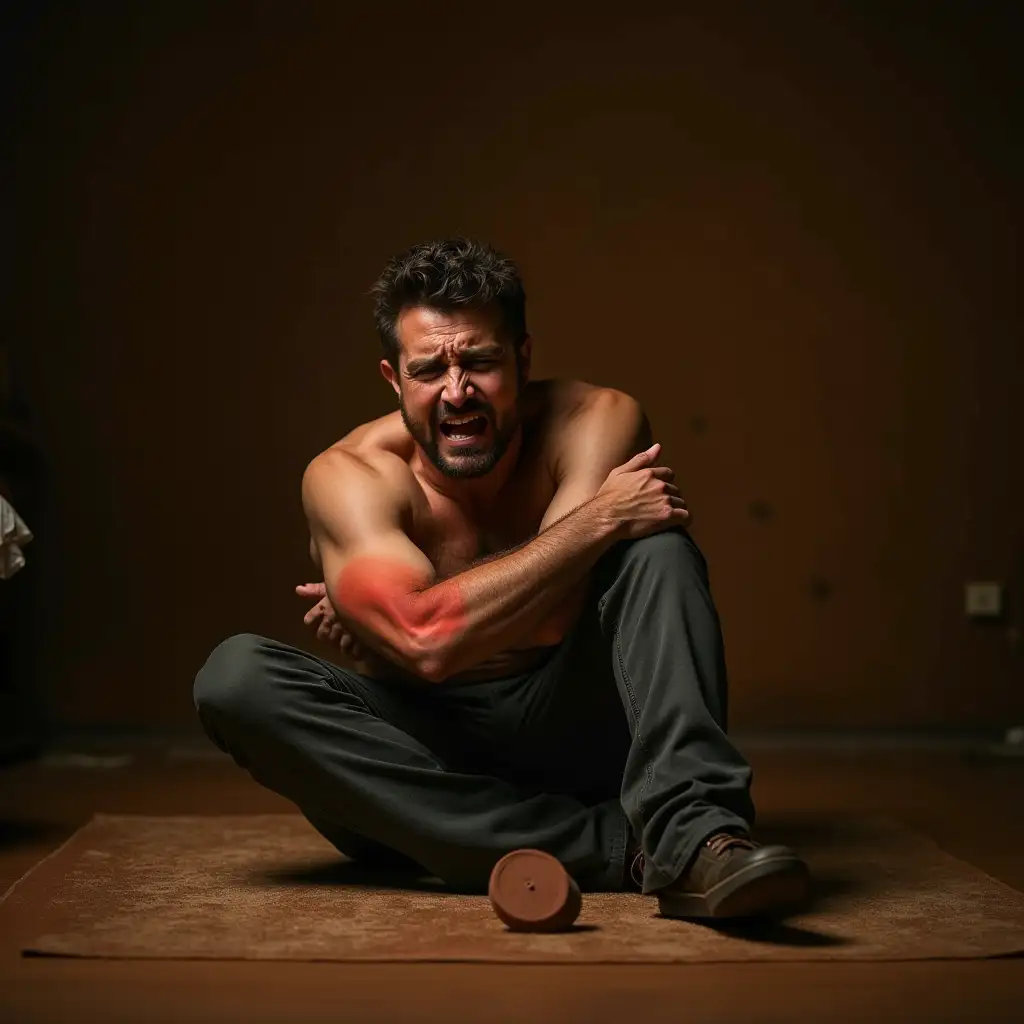 The man sits on the ground, clutching his arm where the clay disc struck him, wincing in pain. His face is a mixture of shock and hurt, while the clay disc lies on the ground nearby. The warm tones of the room and the dramatic shadows emphasize the intensity of the moment.