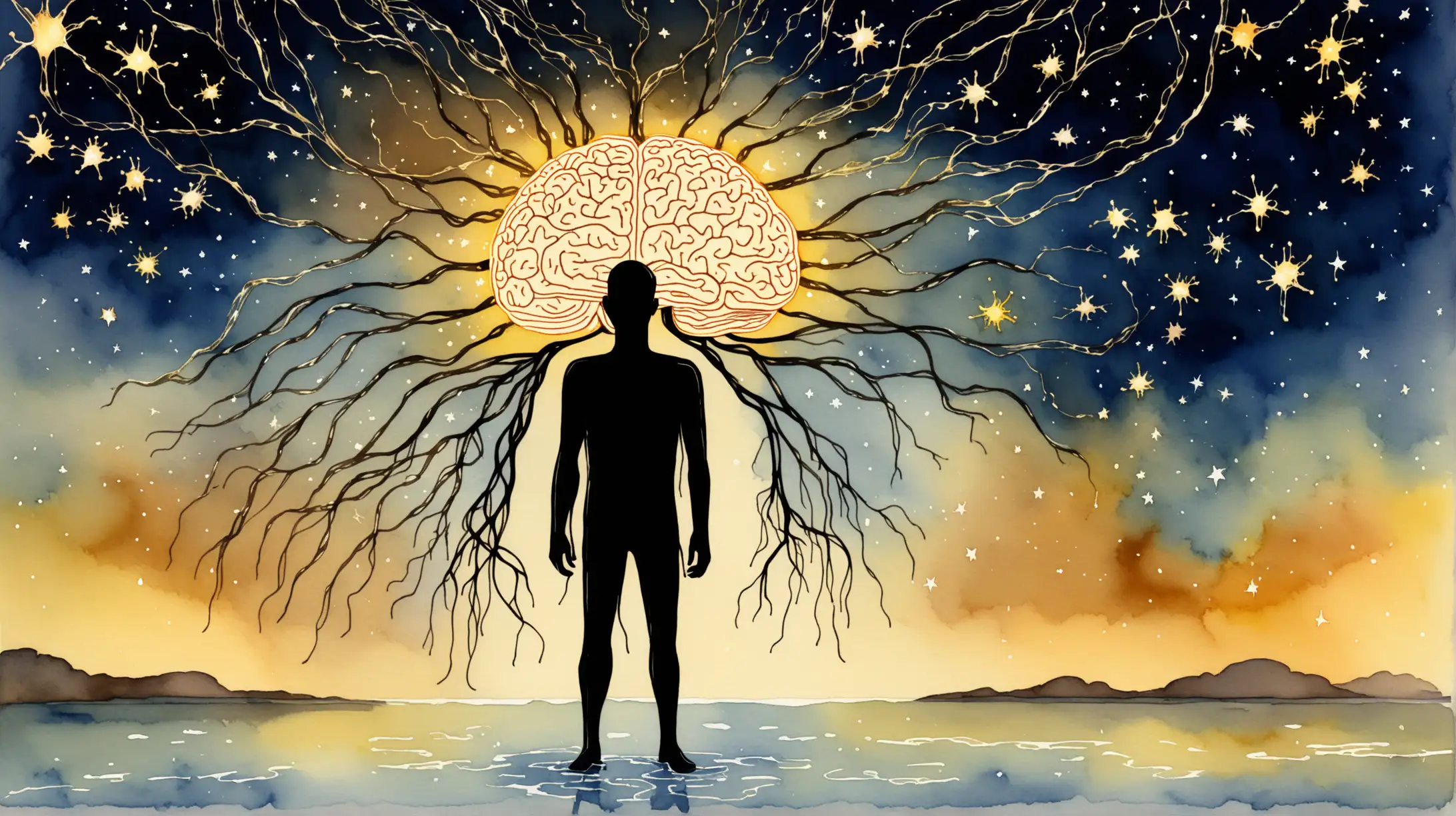 Silhouette of a Man Contemplating NeuronLike Stars in a Watercolor Sky