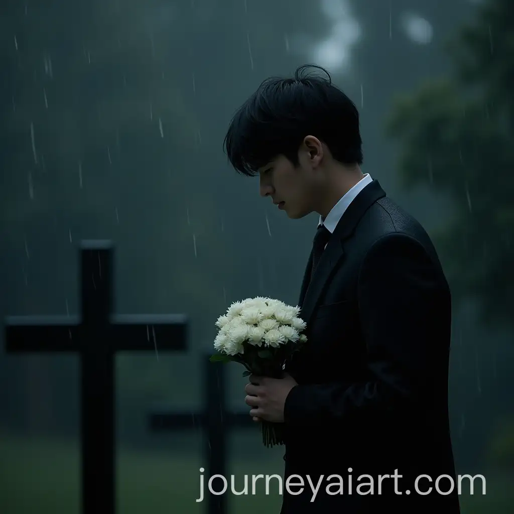 Young-Man-Grieving-at-Grave-in-Rain-with-White-Flowers