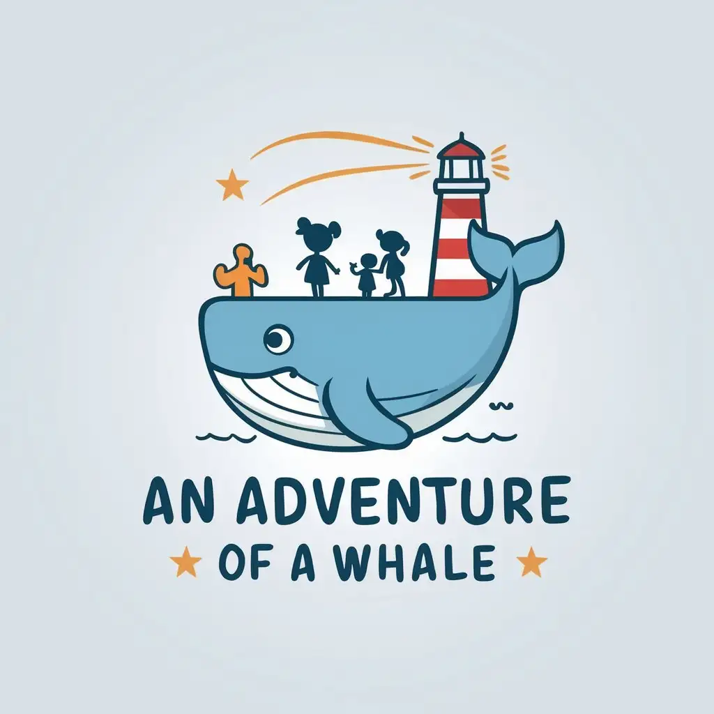 LOGO-Design-for-An-Adventure-of-a-Whale-Colored-Whale-on-White-Background-with-Children-Near-Lighthouse-Theme