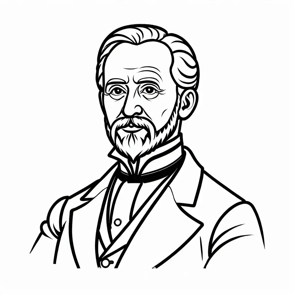 Pyotr Ilyich Tchaikovsky Russian composer standing cartoon style children clipart Coloring Page, black and white, line art, white background, Simplicity, Ample White Space. The background of the coloring page is plain white to make it easy for young children to color within the lines. The outlines of all the subjects are easy to distinguish, making it simple for kids to color without too much difficulty