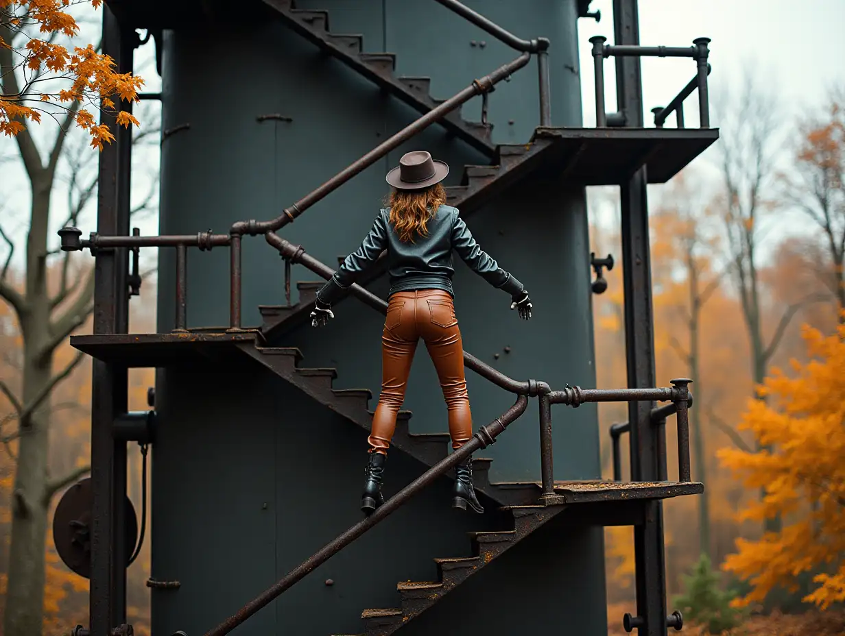 Steampunk-Diva-Climbing-Iron-Staircase-with-Fall-Foliage-Backdrop
