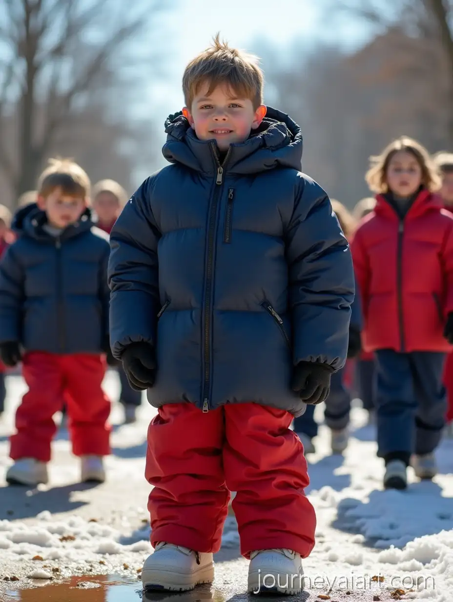 13YearOld-Boy-in-Bulky-Winter-Gear-inBoy-in-Puffy-Winter-Coat-Sunny-Summer-Schoolyard