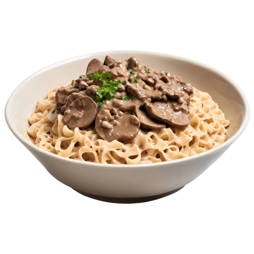 A bowl of creamy beef stroganoff featuring tender slices of seared beef coated in a rich, glossy mushroom and sour cream sauce. The dish is served over a bed of perfectly cooked egg noodles, with a sprinkle of fresh parsley for garnish. The stroganoff is presented in a simple white bowl, isolated on a plain light beige background, with subtle shadows for depth. No additional items or background elements are included.