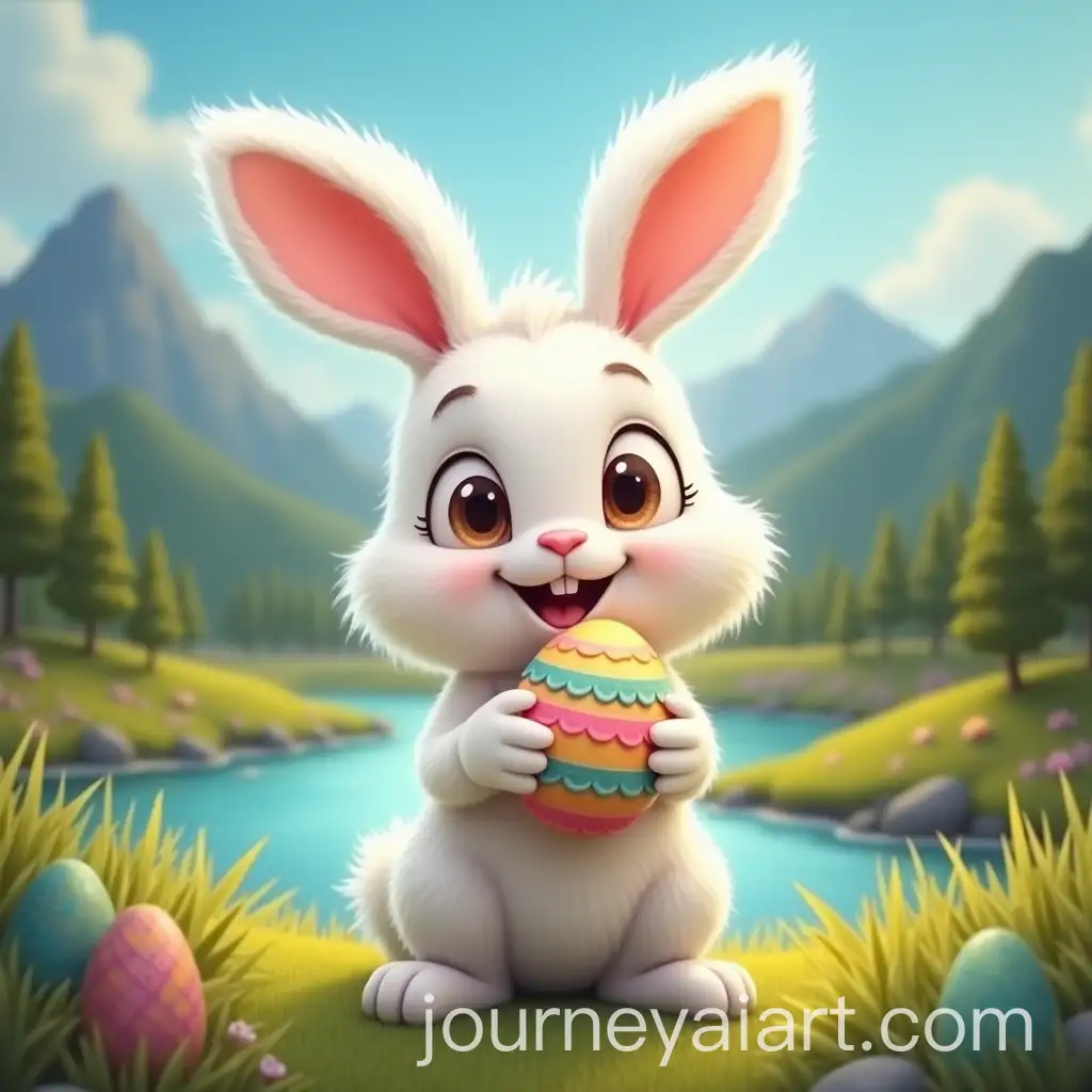 Furry-Easter-Bunny-Holding-Colorful-Egg-in-Natural-Landscape