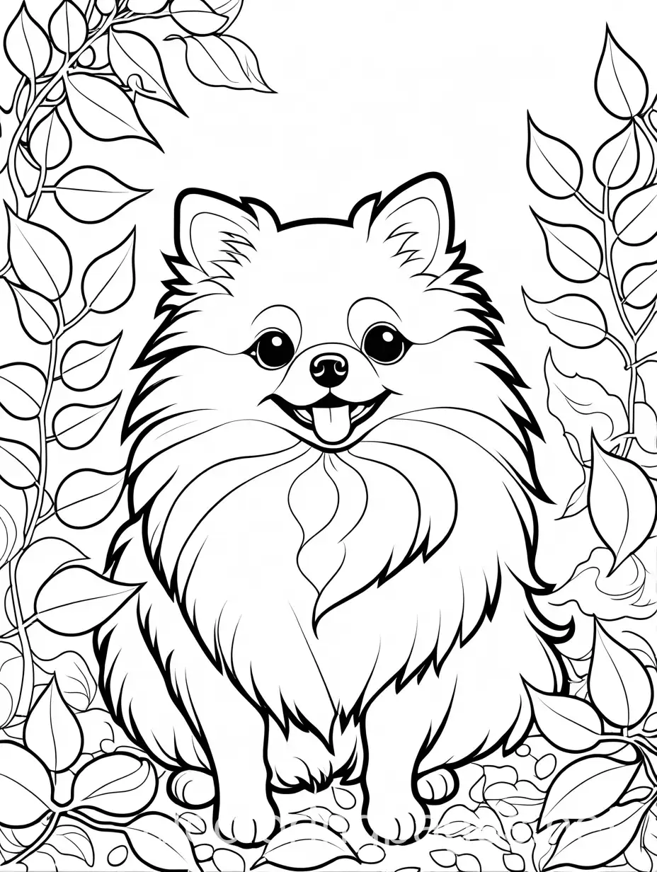 Cute-Pomeranian-Playing-in-a-Leaf-Pile-Coloring-Page-for-Kids