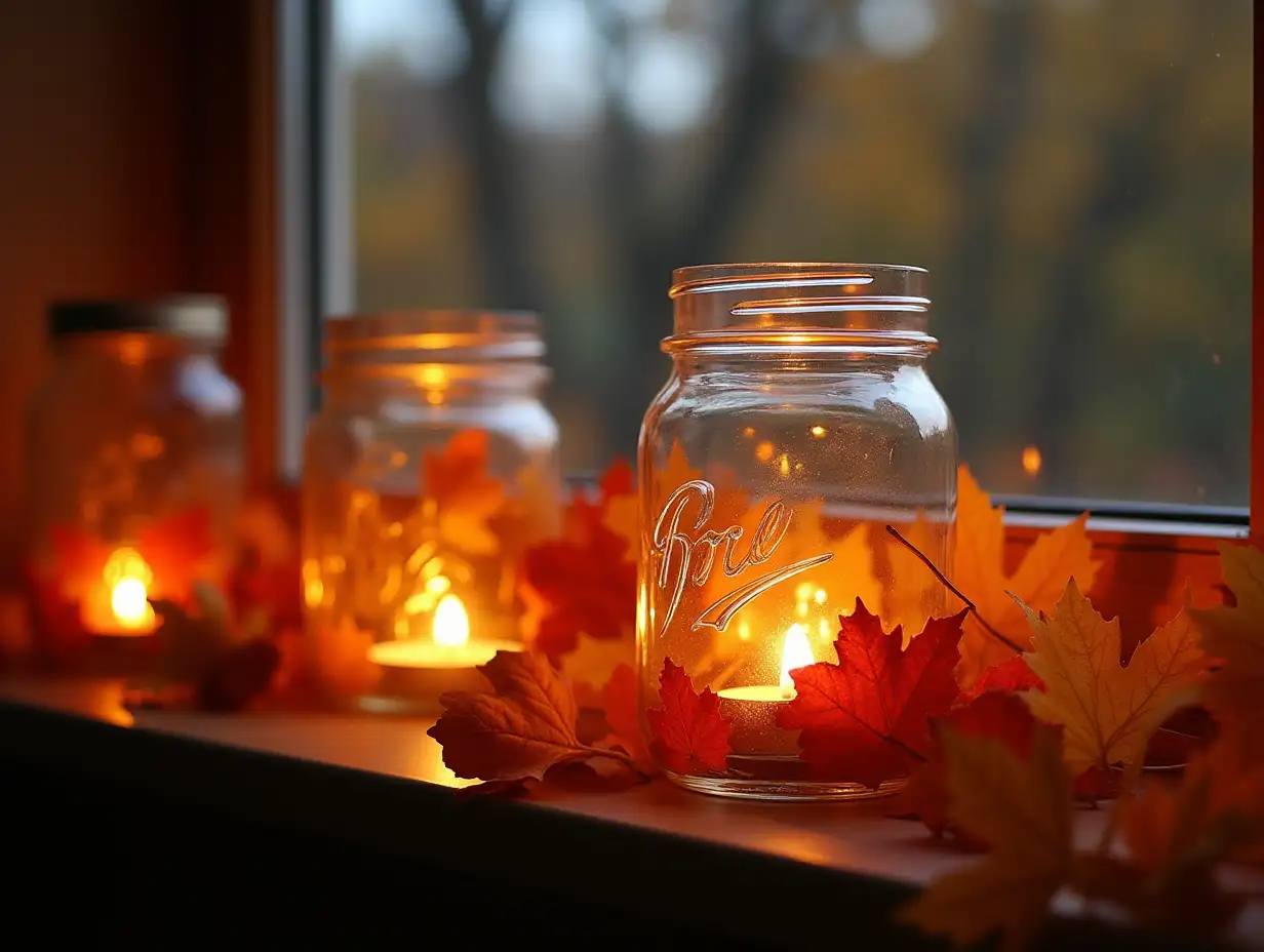 Cozy mason jar lanterns filled with tea lights and fall leaves glowing softly on a windowsill in autumn