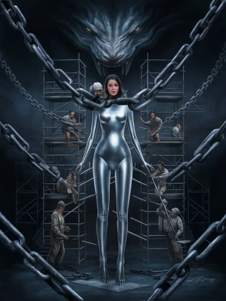 A woman body with metallic skin and two legs is being constructed by workers on scaffolding in the background. It's a dark atmosphere, and there are chains around it. The head of an extremely large figure looms over them all

Midjourney Art