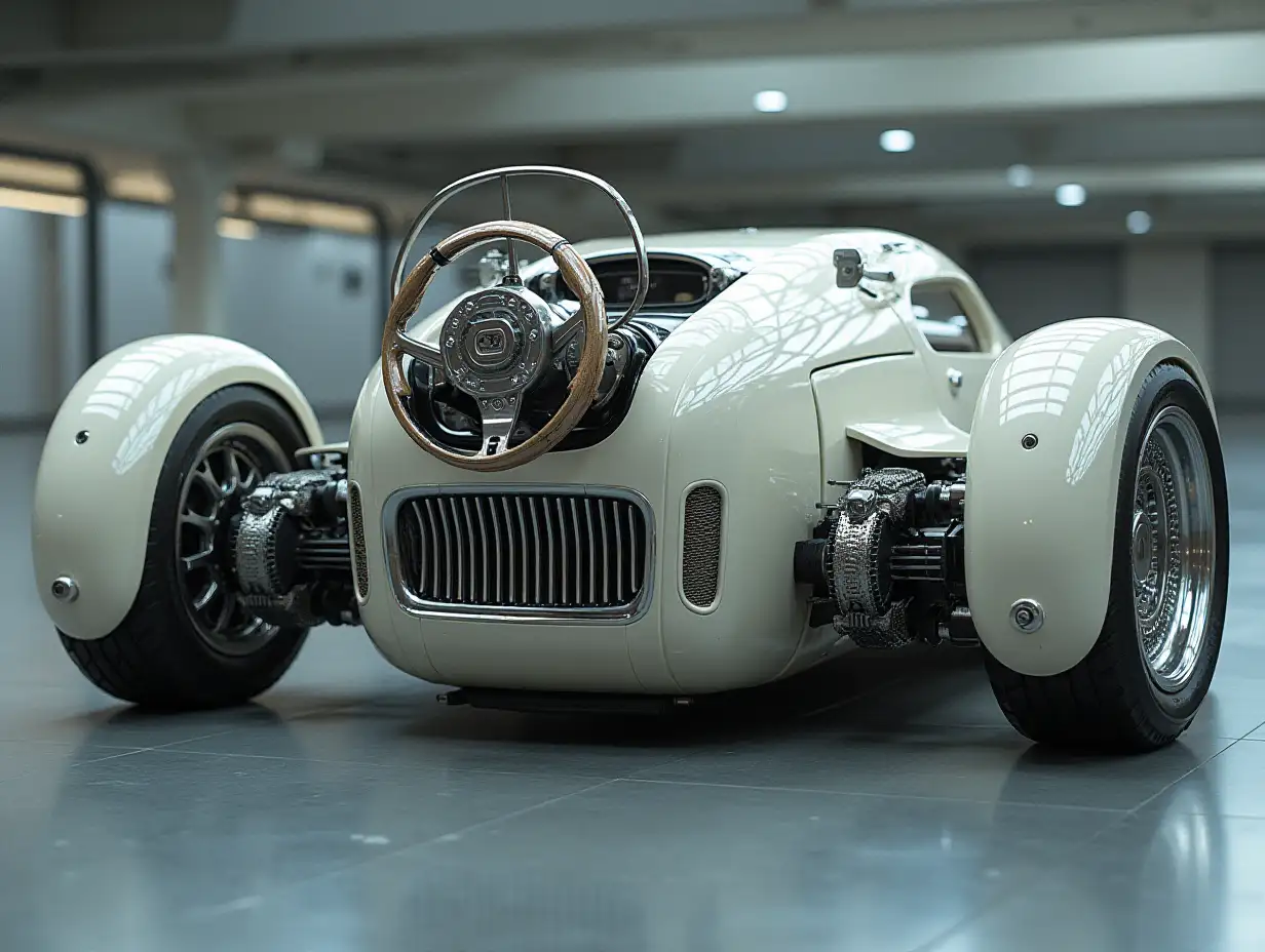 Supermodern utopian sports omnibus with gears, lowered body, 18-inch rims, aluminum wheels, cream silver leather steering wheel, Cyberpunk.