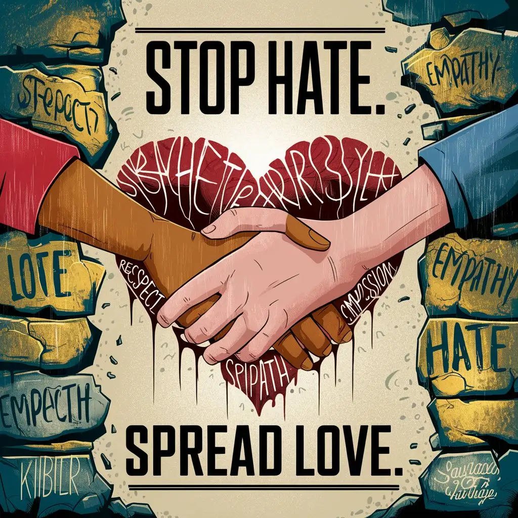 Design a powerful and emotional illustration that promotes the message: Stop Hate. In the center, feature a heart made of diverse hands gently holding each other, symbolizing unity, compassion, and strength in diversity. Surround the heart with words like ‘Love’, ‘Respect’, and ‘Empathy’ subtly woven into the background. Show fading graffiti or cracked stone walls with the word ‘HATE’ being washed away by rain or light, representing the power of love and unity overcoming darkness. Use a soft but bold color palette—warm reds, golds, and cool blues—to create contrast and evoke hope. At the top or bottom, include bold, clear typography that reads: 'Stop Hate. Spread Love.' The design should feel inclusive, peaceful, and inspiring—calling viewers to choose kindness over division