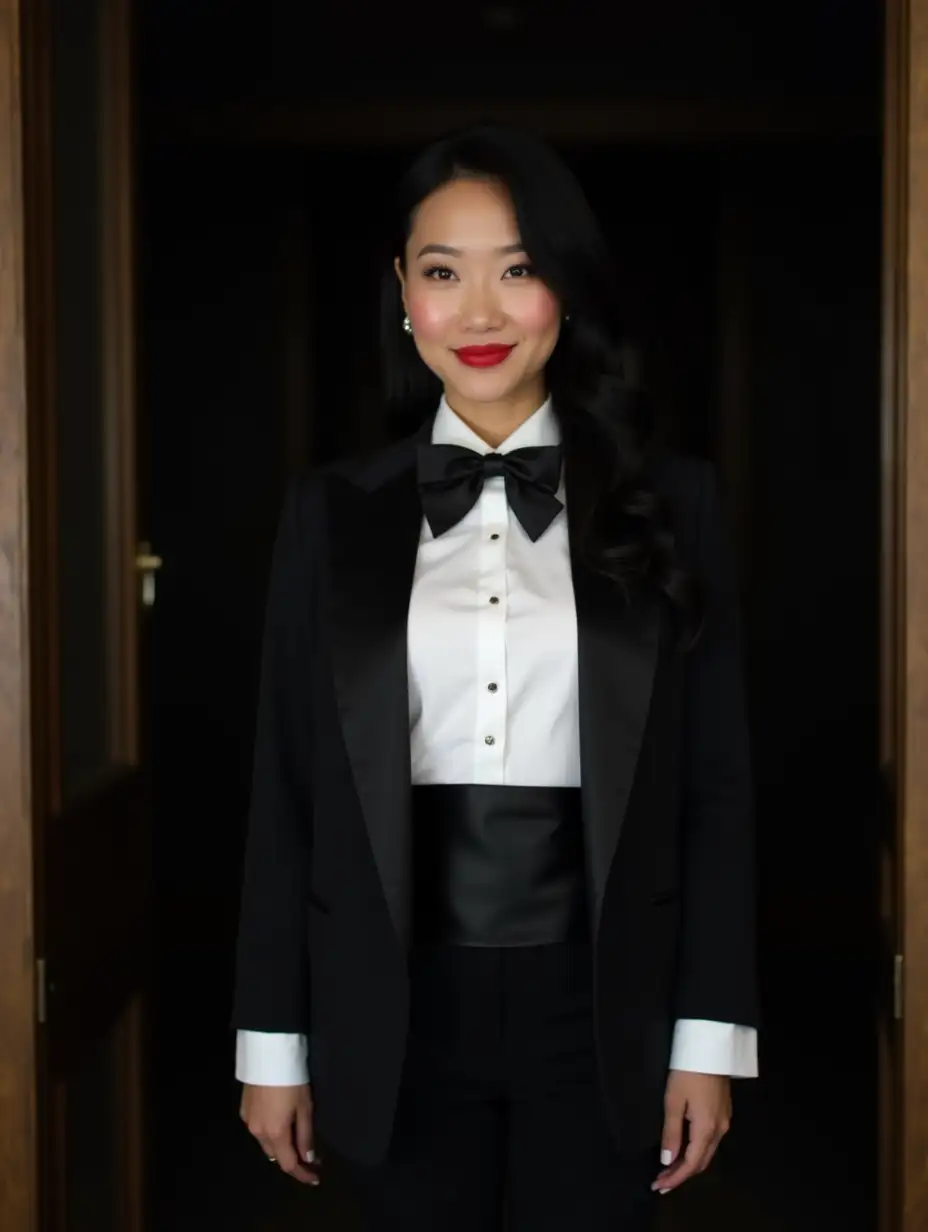 Sophisticated-Chinese-Woman-in-Formal-Tuxedo-with-Red-Lipstick-Smiling-in-Doorway