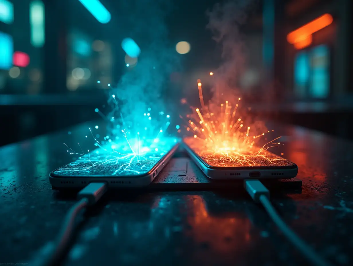 Create a cinematic background illustrating the dual impact of fast charging with dramatic lighting and sharp details. On one side, show a smartphone glowing brilliantly as electric currents (bright blue and neon green) flow into it, connected to a futuristic charging station surrounded by sleek, high-tech elements. On the other side, depict a phone overheating, with faint red-orange sparks, visible cracks, and rising smoke, set against a darker tone with glowing embers. The scene should have a cinematic contrast—one side illuminated with vibrant, cool-toned lights, and the other bathed in a warm, intense glow. Add depth with a sharp, dystopian cityscape or a high-tech lab environment in the background, with cinematic lens flares and dramatic shadows enhancing the tension.