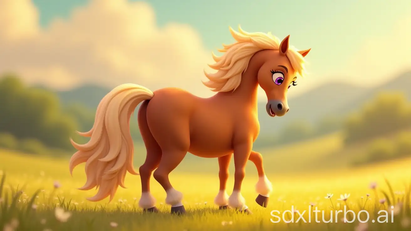 A proud and beautiful female palomino (horse), viewed from behind, tail held high, looking back with a sly smile, showing off her prominent rear, head low. The horse has purple eyeshadow. Meadow setting. In the style of disney, pixar, 3d cartoon, cgi, detailed fur, anthro