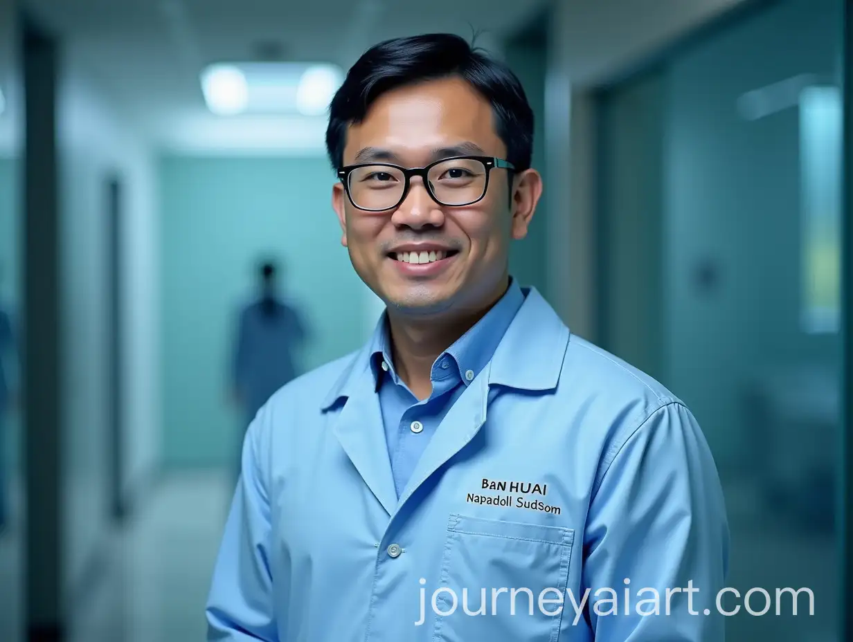 Male-Researcher-in-Blue-Lab-Coat-Presenting-Research-with-Generative-AI-at-Ban-Huai-Hospital