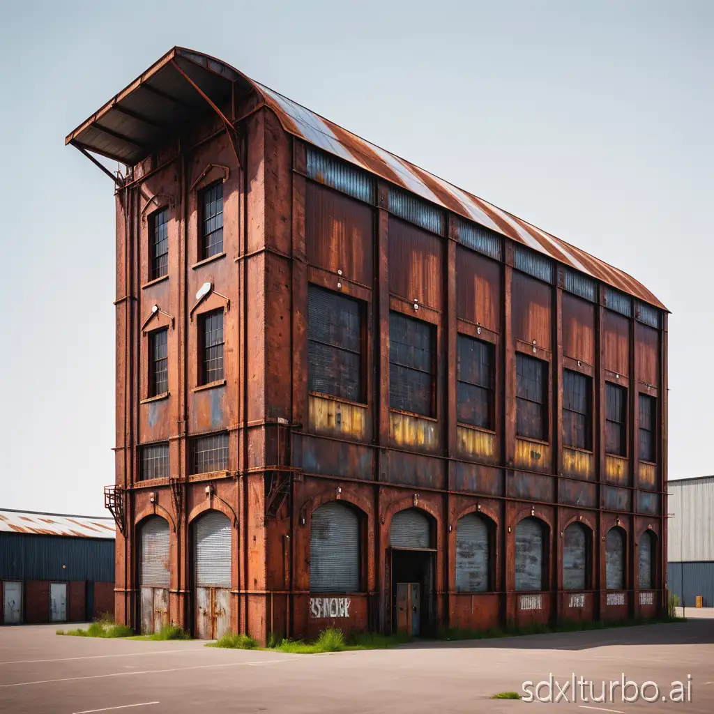 A single large steampunk, Victorian warehouse building with a sloping roof made from rusted corrugated metal sheets. The walls are made bricks which is very dirty. Single building on blank background.