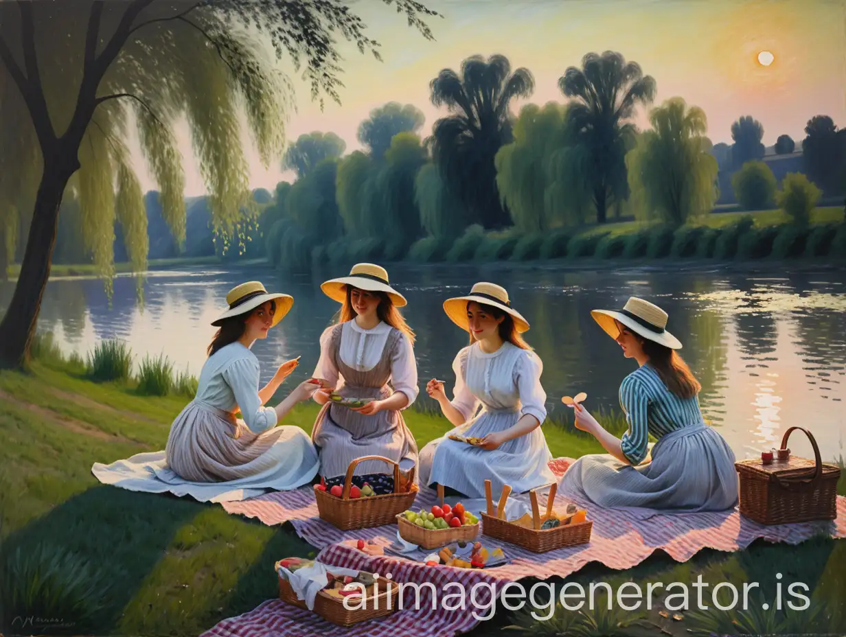 Monet-Style-Painting-Evening-Picnic-by-the-River-with-Three-Female-Friends