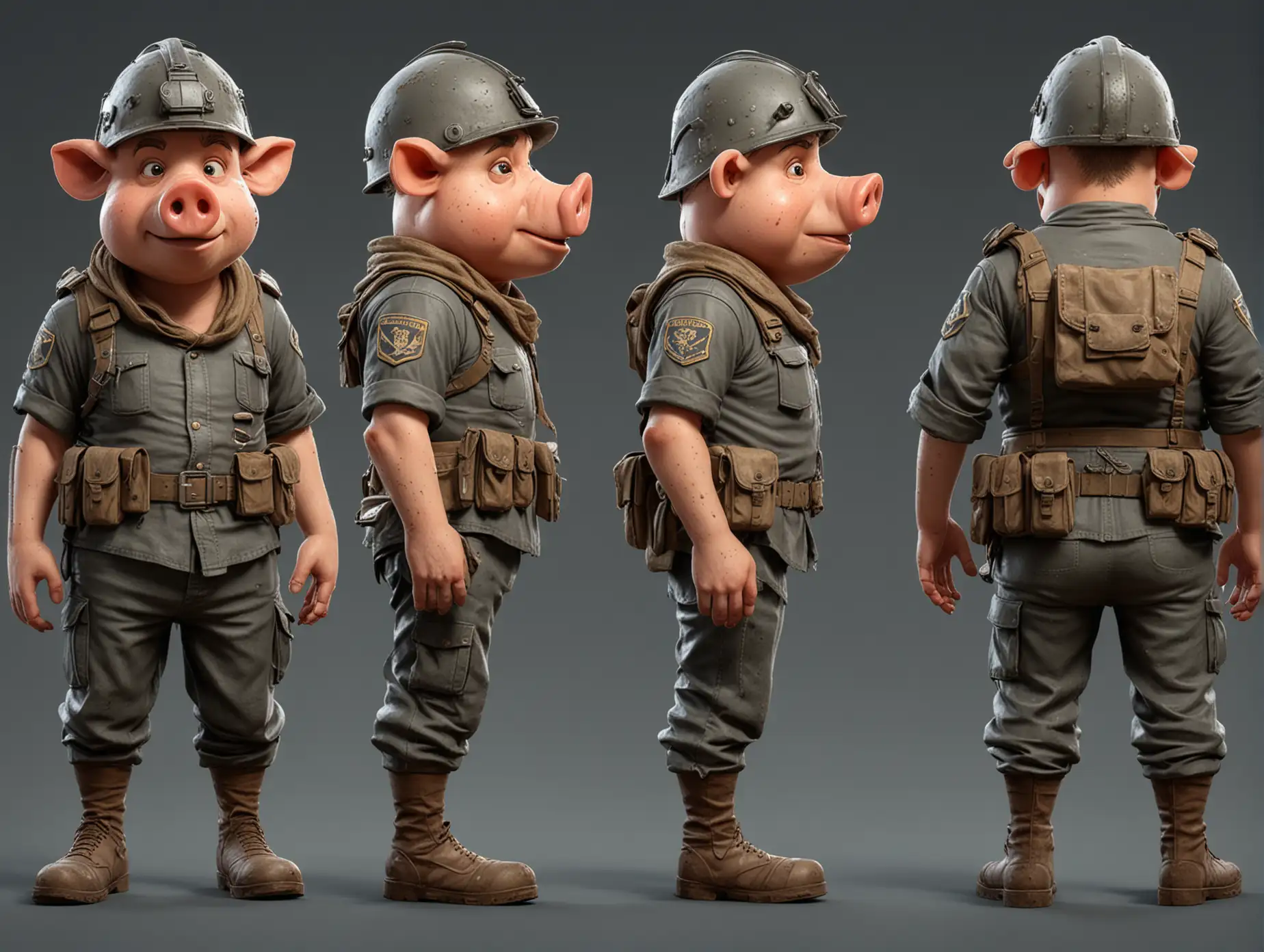 3D-Cartoon-Style-Dirty-Stubbly-Swine-Soldier-with-Helmet-in-Different-Poses