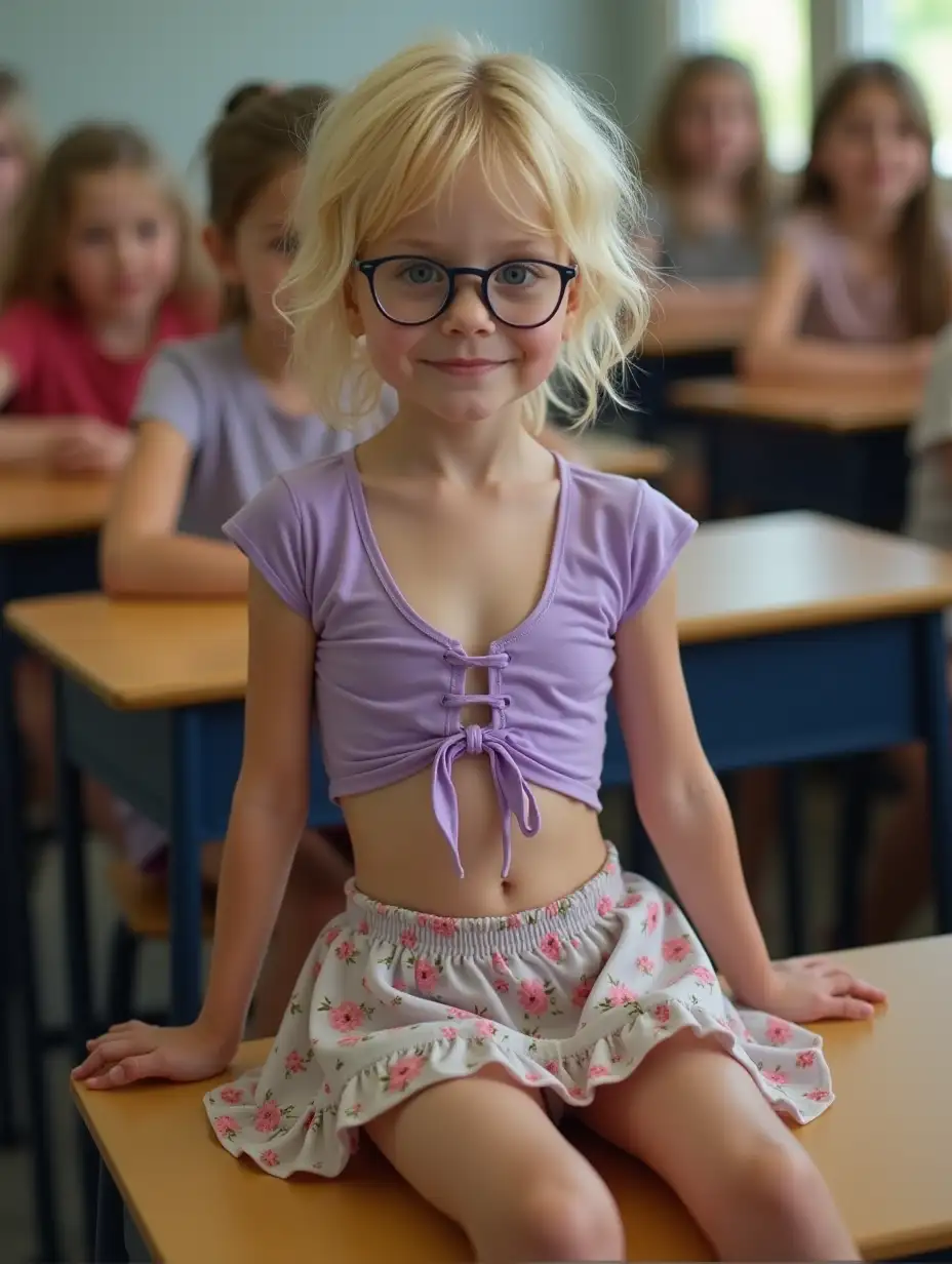 Skinny-Blonde-Girl-with-Glasses-Sitting-on-Classroom-Desk-with-Shy-Smile