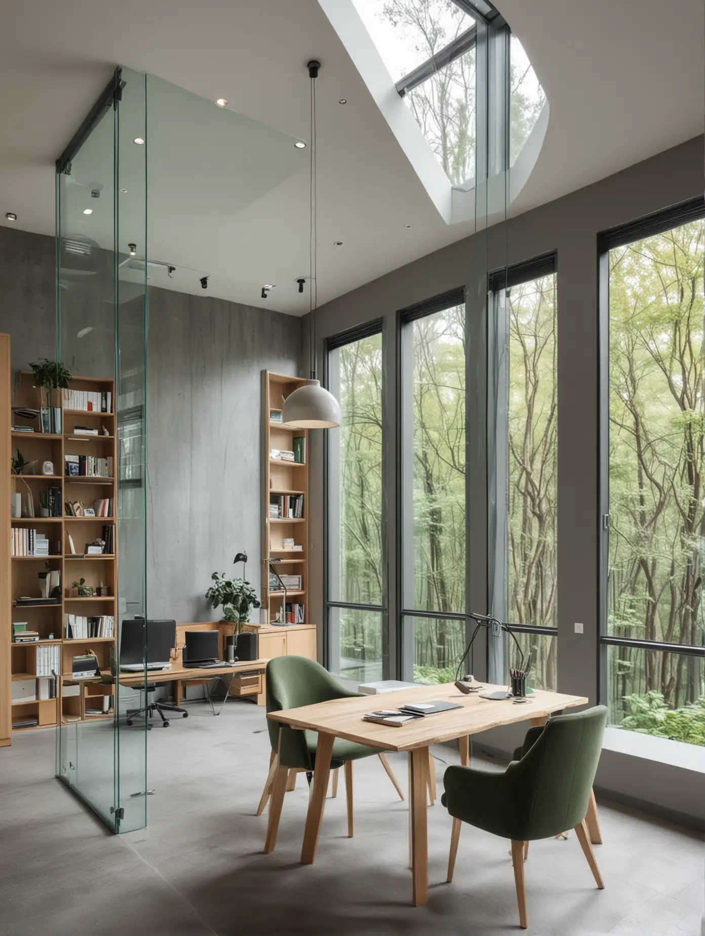 Modern-Office-with-Panoramic-Glass-and-High-Ceiling-in-Gray-Interior