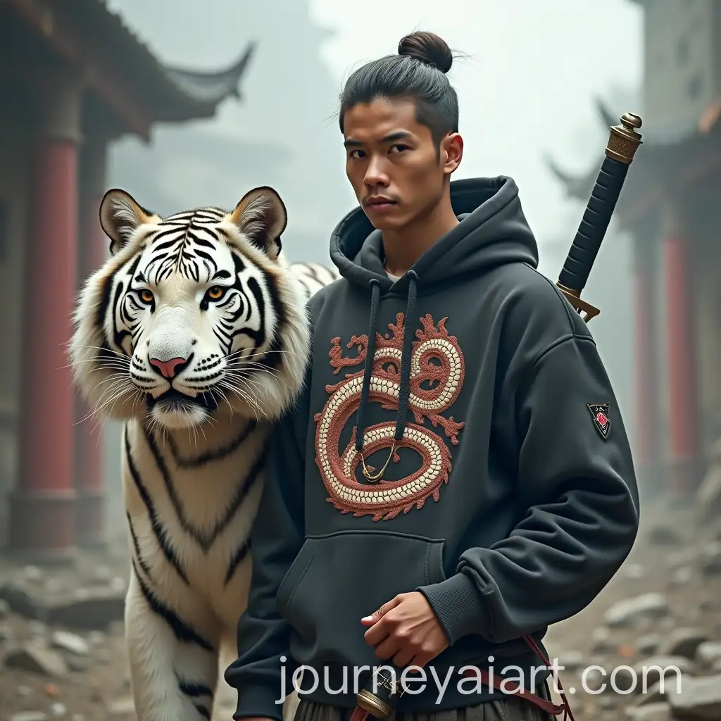 Asian-Man-with-Dragon-LogoAI-Image-Expansion-Hoodie-Sword-and-White-Tiger-in-Ruined-City