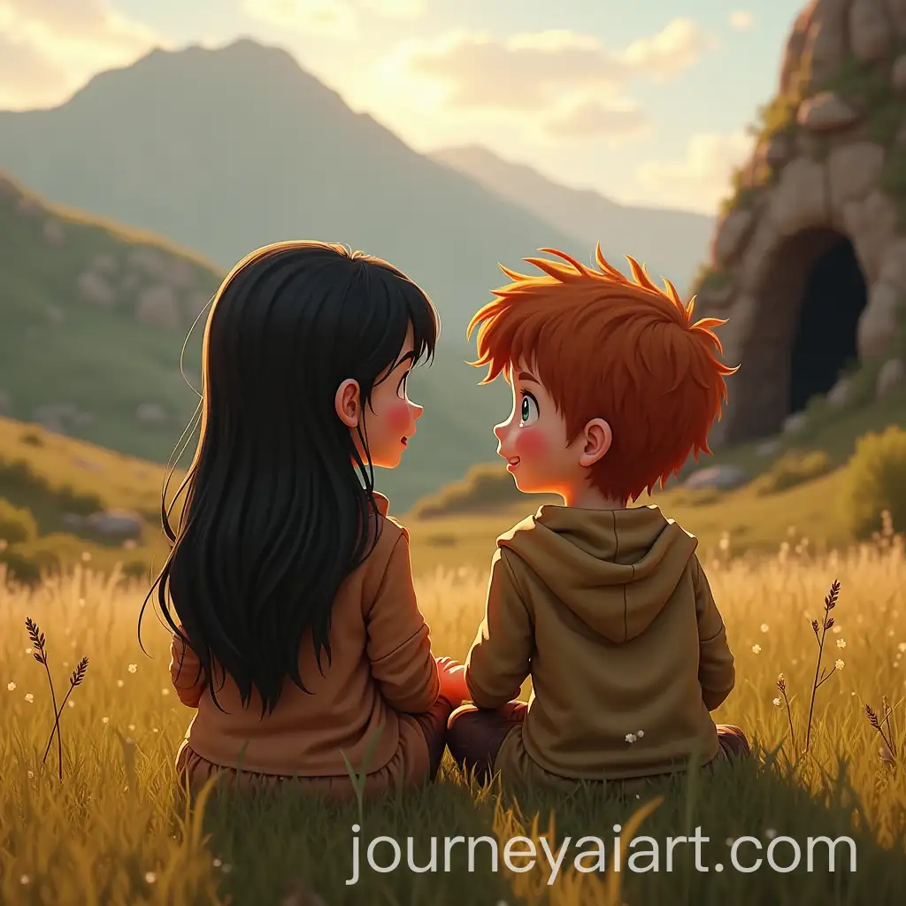 Curious-Kids-Explaining-Prehistory-on-a-Meadow-with-a-Mountain-and-Cave-in-the-Background