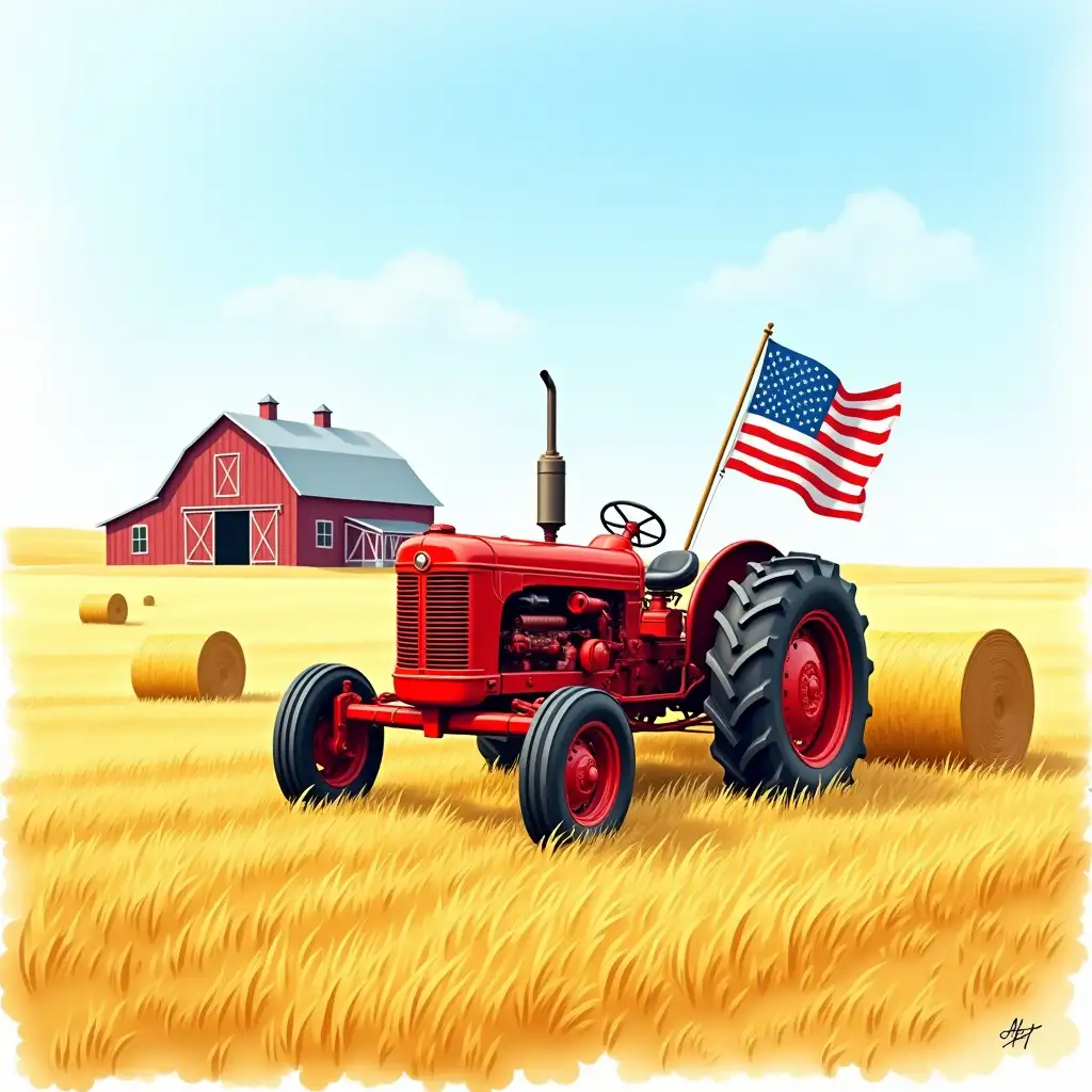 Vector. A vintage red tractor working in a golden wheat field, with a barn and a waving American flag in the background combine Hay bales are scattered around the field, and the sky is a clear blue. High Resolution, Detail, Clear Tones. Watercolor