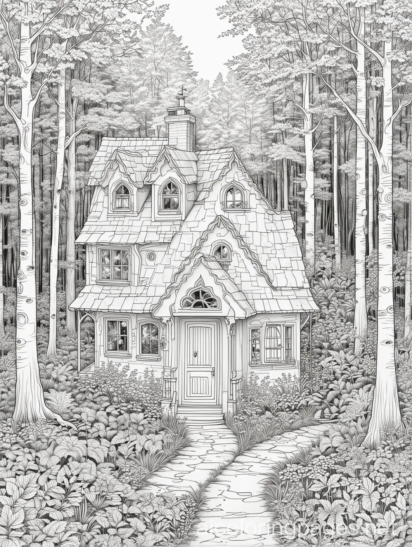 a house in the woods, Coloring Page, black and white, line art, white background, Simplicity, Ample White Space. The background of the coloring page is plain white to make it easy for young children to color within the lines. The outlines of all the subjects are easy to distinguish, making it simple for kids to color without too much difficulty