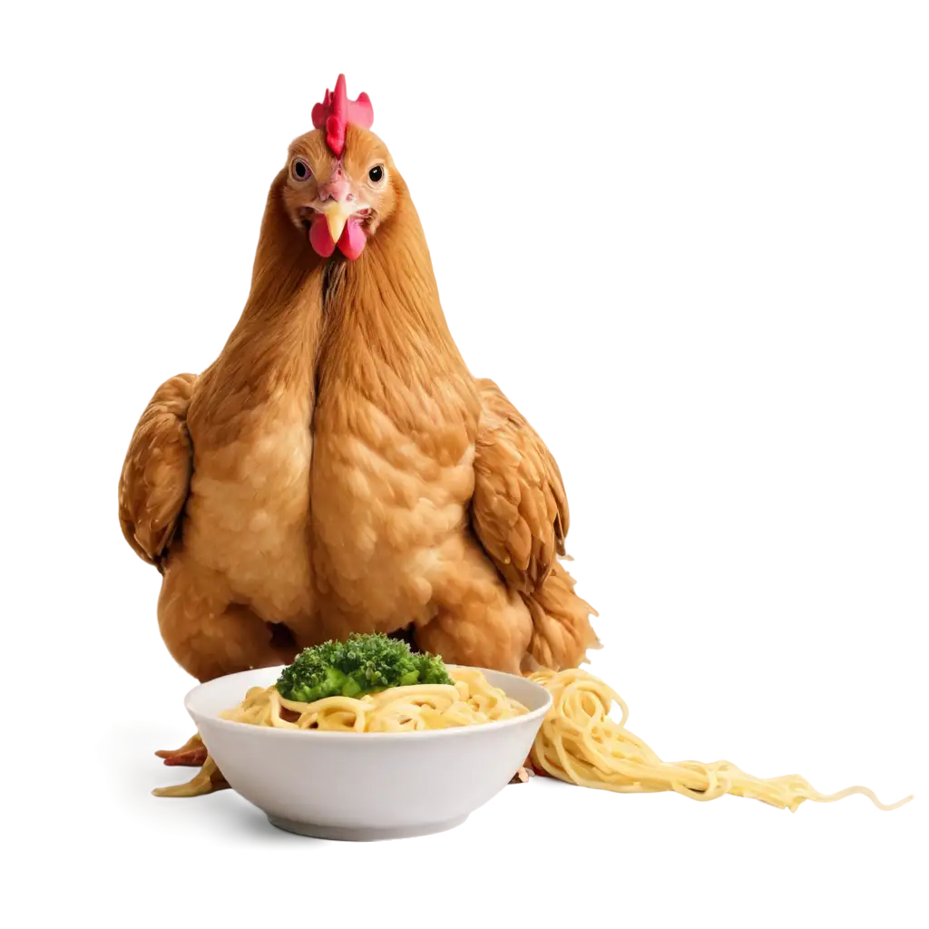 chicken eating noodles