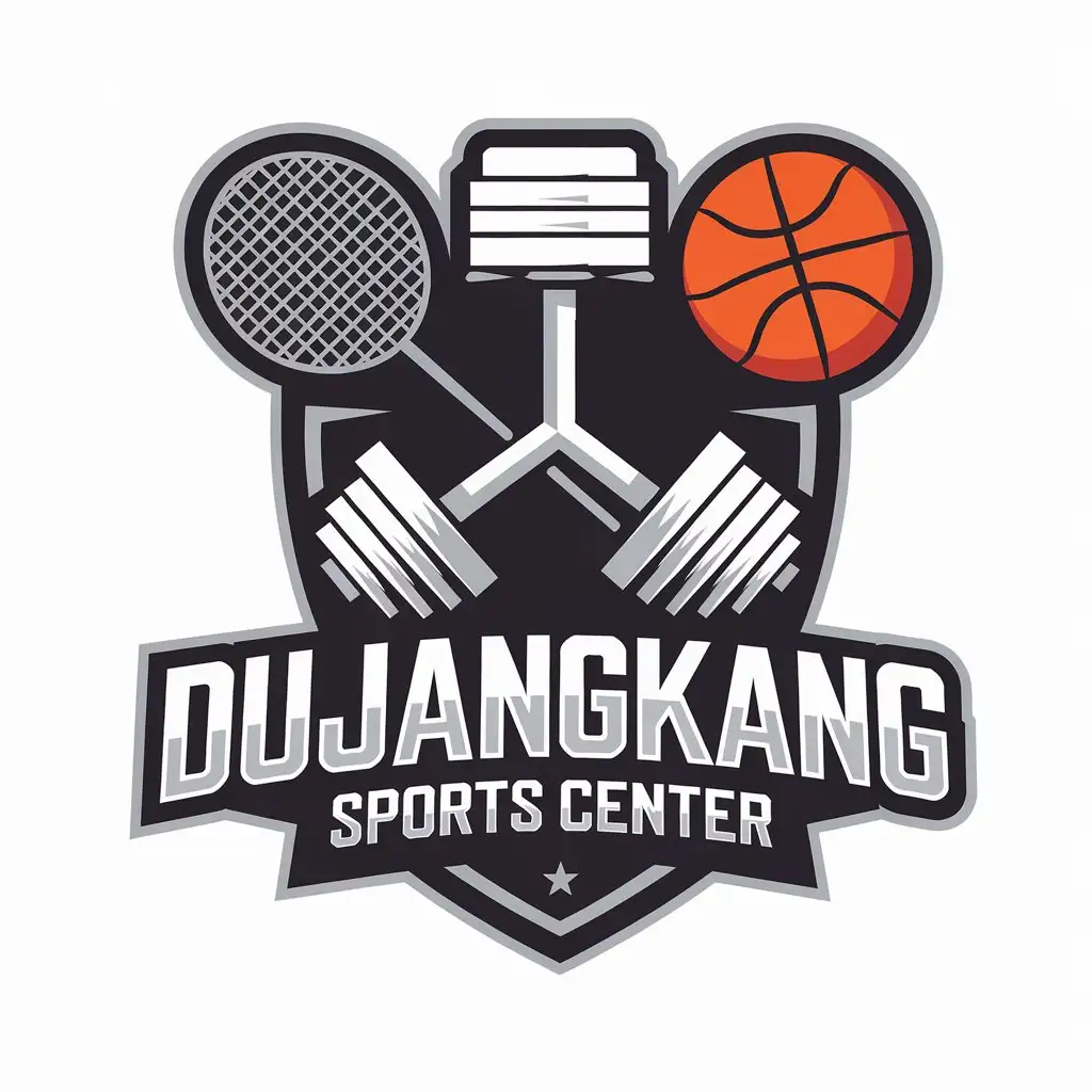 a vector logo design,with the text "Dujiangkang Sports Center", main symbol:dumbbell, badminton, basketball,Moderate,be used in Sports Fitness industry,clear background