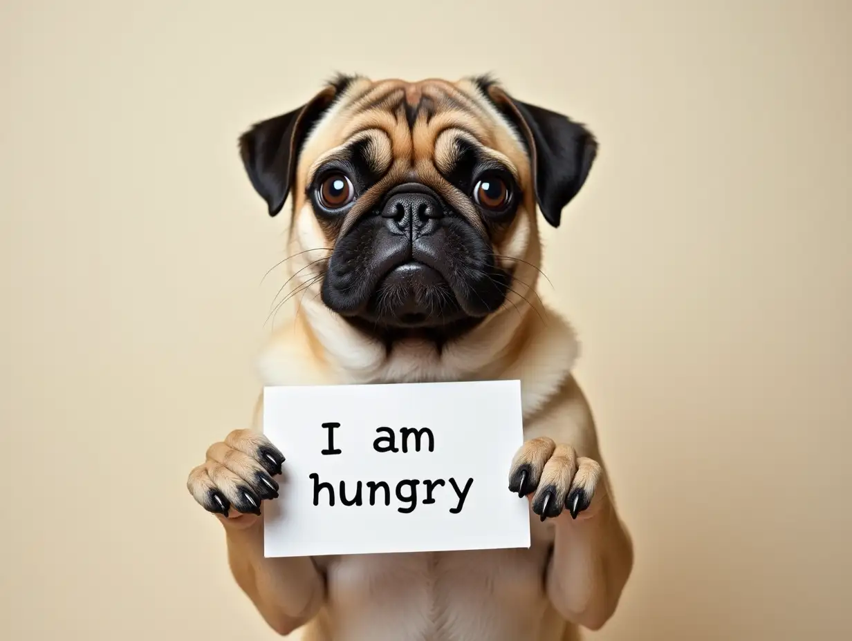 a pug dog holding a paper that says 'i am hungry'