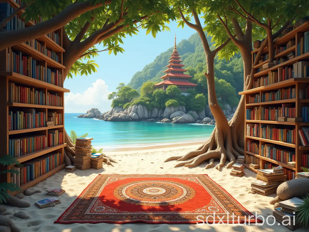 Sunlit-Beach-with-Book-Shelves-and-Tree-Mandala-Carpet