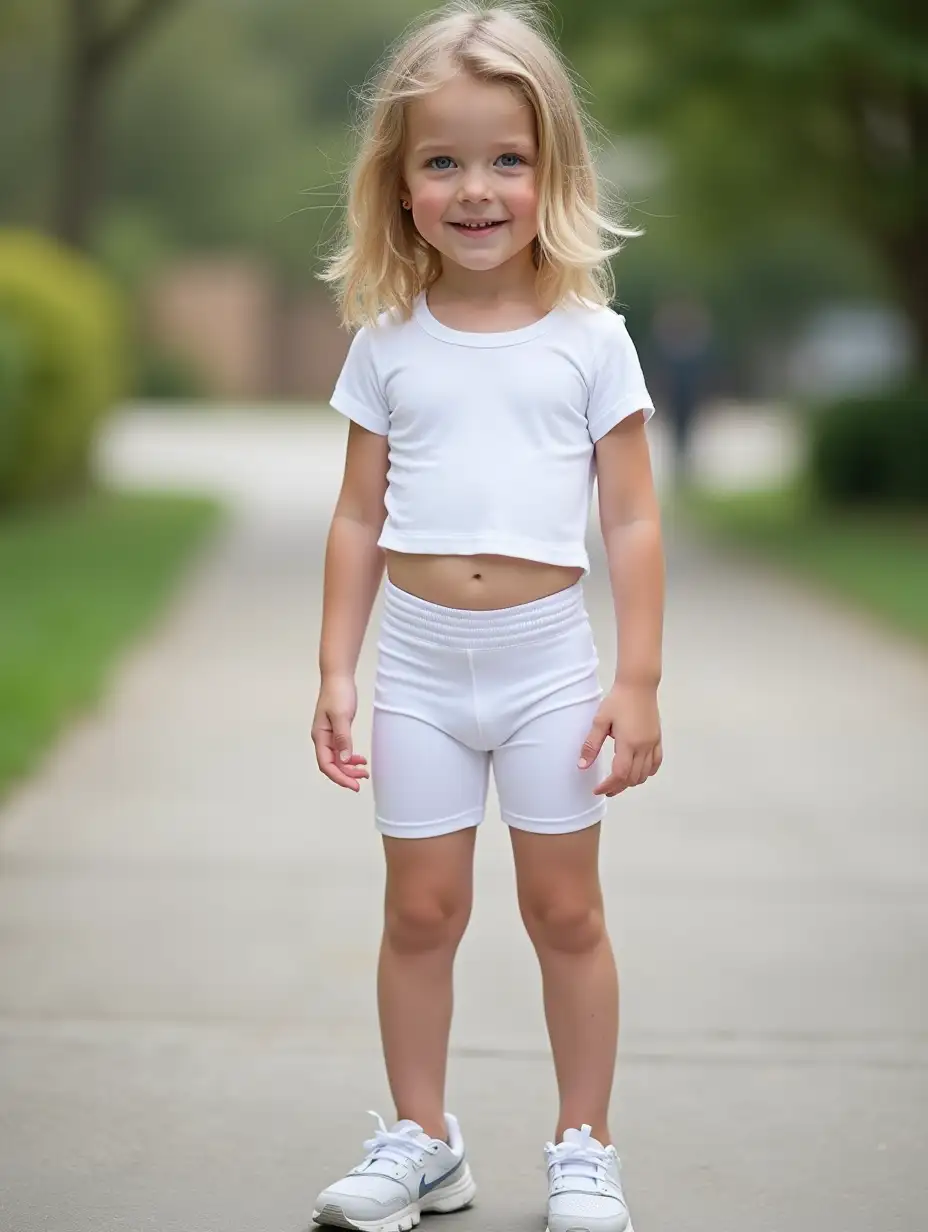 Smiling-Little-Girl-in-White-Athletic-Outfit-on-Driveway